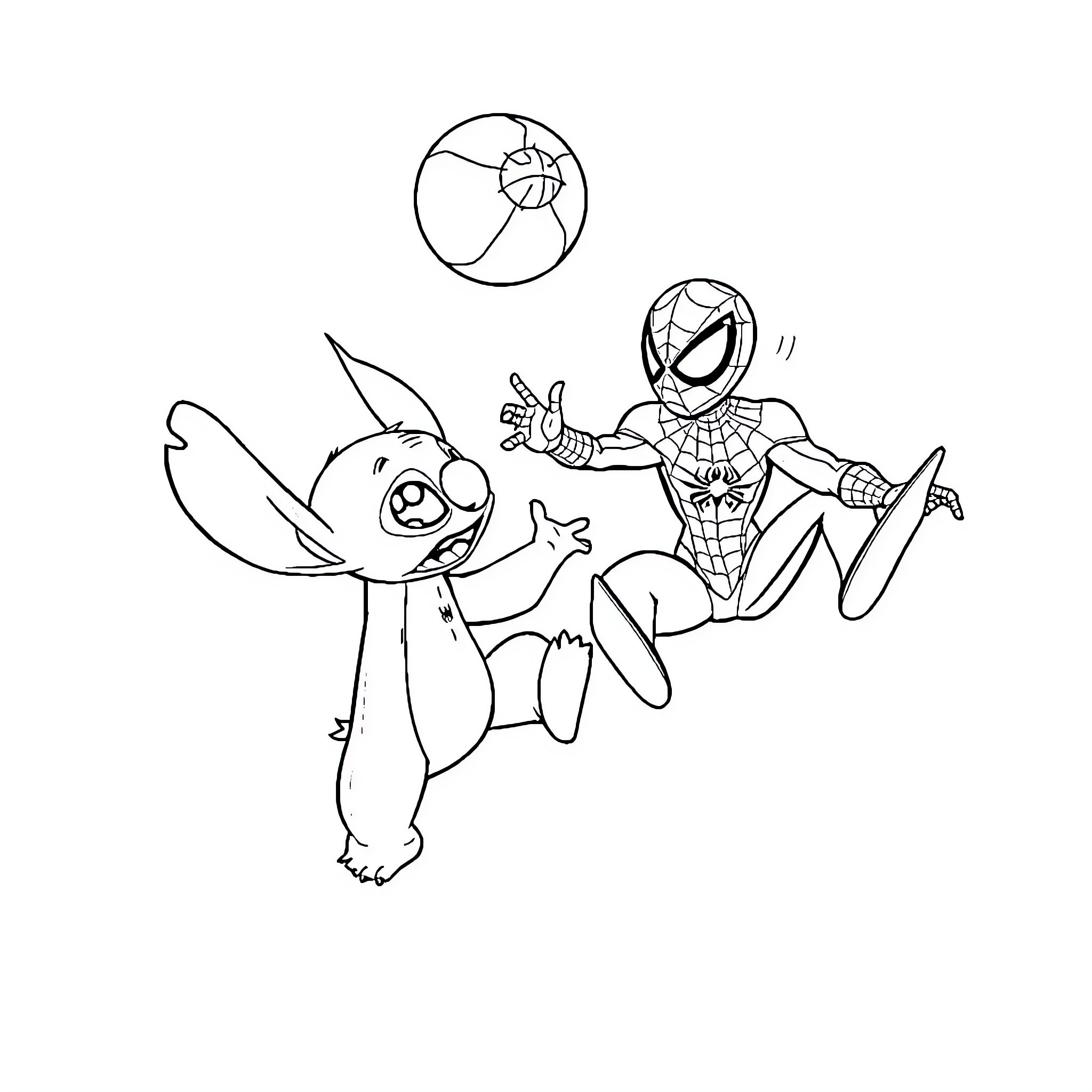 Stitch and Spider-Man playing together happily Coloring Page (free black-and-white line drawing printable PDF for all, from beginners to advanced learners, including children, teens, adults, and seniors)