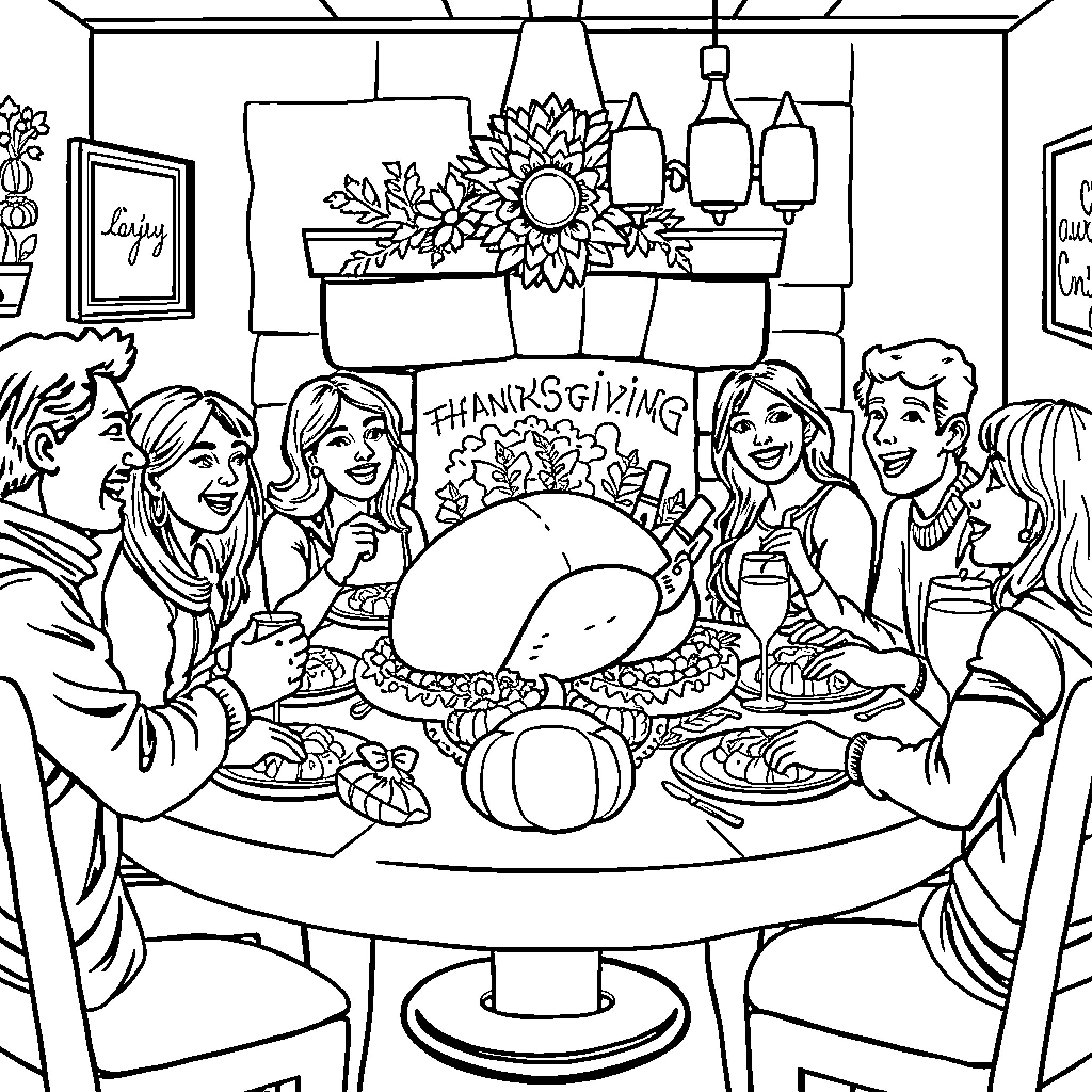 Thanksgiving Gathering with Family and Friends Coloring Page (free black-and-white line drawing printable PDF for all, from beginners to advanced learners, including children, teens, adults, and seniors)