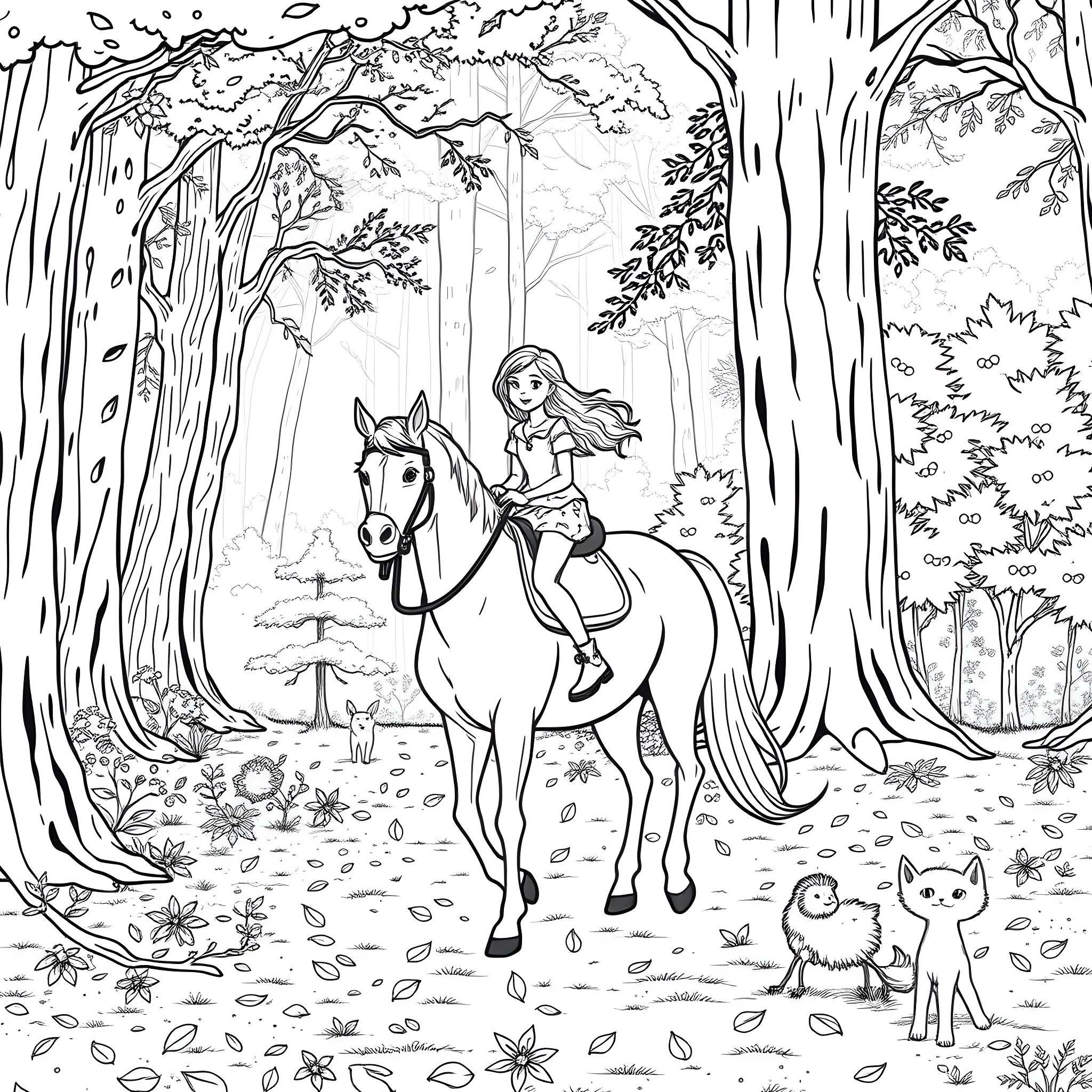 Teen Girl Riding Horse in Enchanted Forest Coloring Page (free black-and-white line drawing printable PDF for all, from beginners to advanced learners, including children, teens, adults, and seniors)