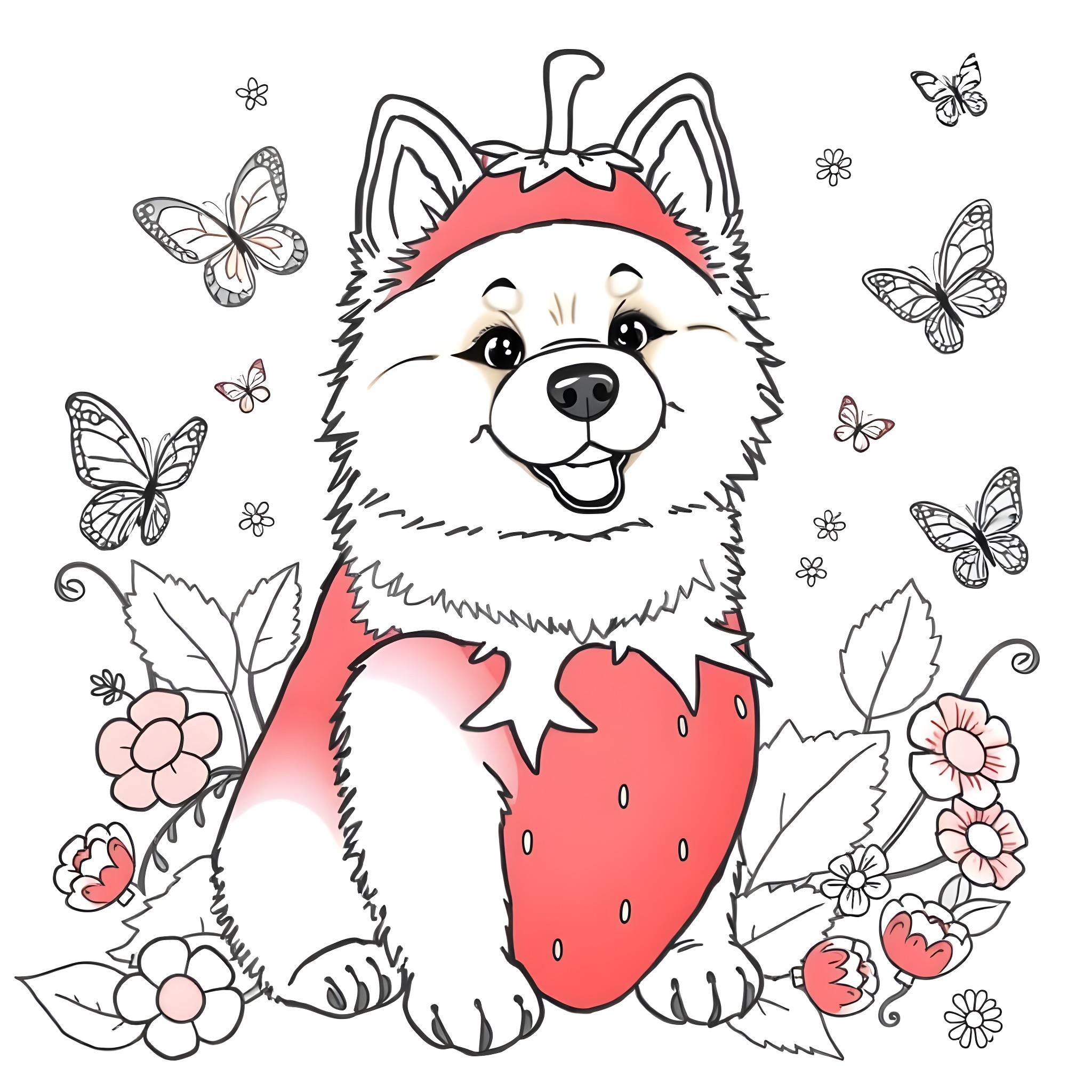 Dog enjoying a strawberry in a floral garden Coloring Page (free black-and-white line drawing printable PDF for all, from beginners to advanced learners, including children, teens, adults, and seniors)