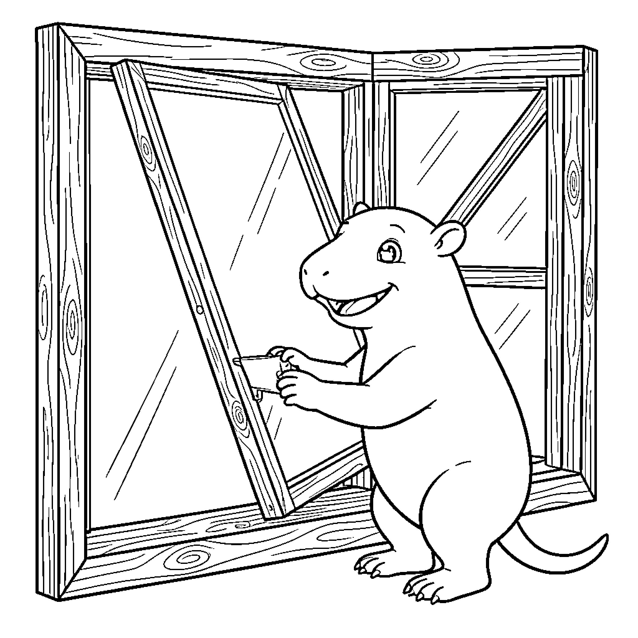 Aardvark cleaning a large wooden window pane Coloring Page (free black-and-white line drawing printable PDF for all, from beginners to advanced learners, including children, teens, adults, and seniors)