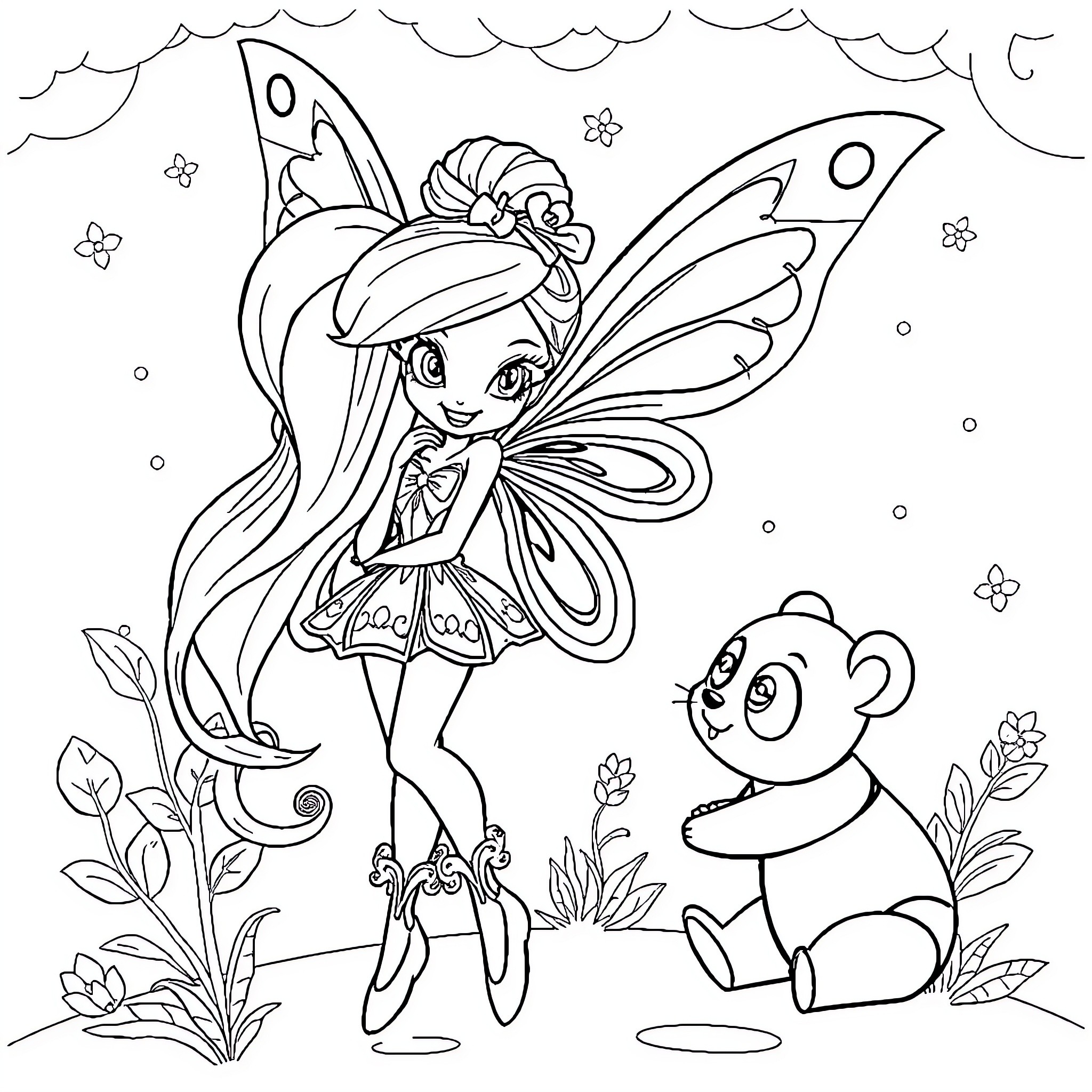 Panda and fairy in the garden Coloring Page (free black-and-white line drawing printable PDF for all, from beginners to advanced learners, including children, teens, adults, and seniors)