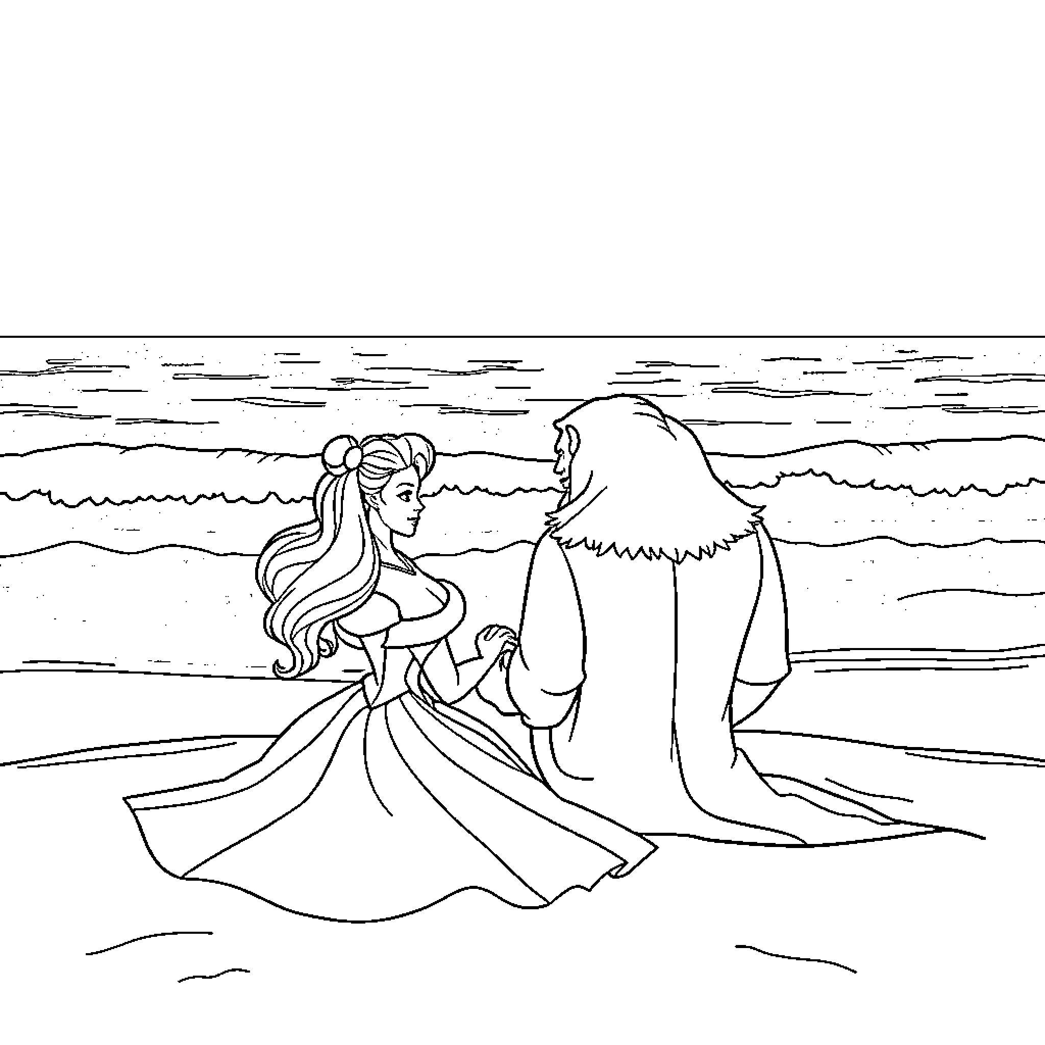Beauty And The Beast Embracing On Beach Coloring Page (free black-and-white line drawing printable PDF for all, from beginners to advanced learners, including children, teens, adults, and seniors)