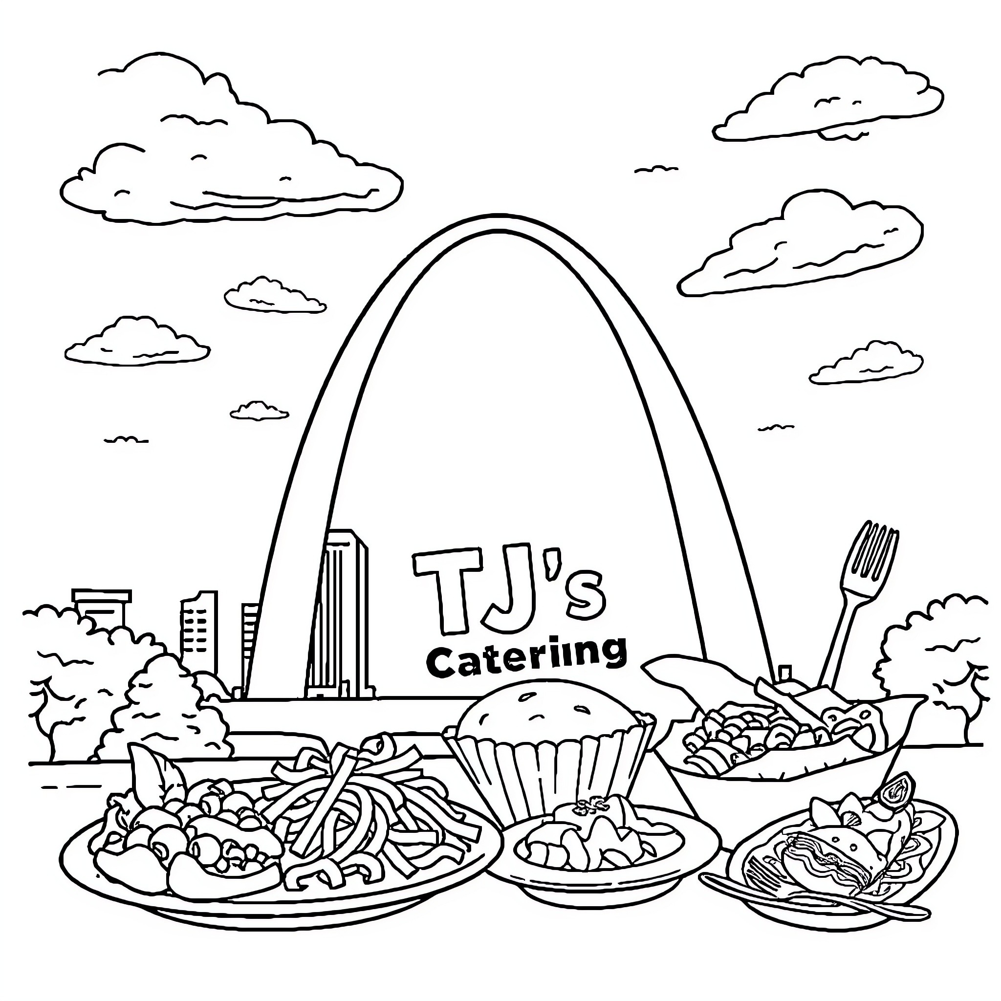 Business Card for TJ's Catering with Delicious Dishes Coloring Page (free black-and-white line drawing printable PDF for all, from beginners to advanced learners, including children, teens, adults, and seniors)