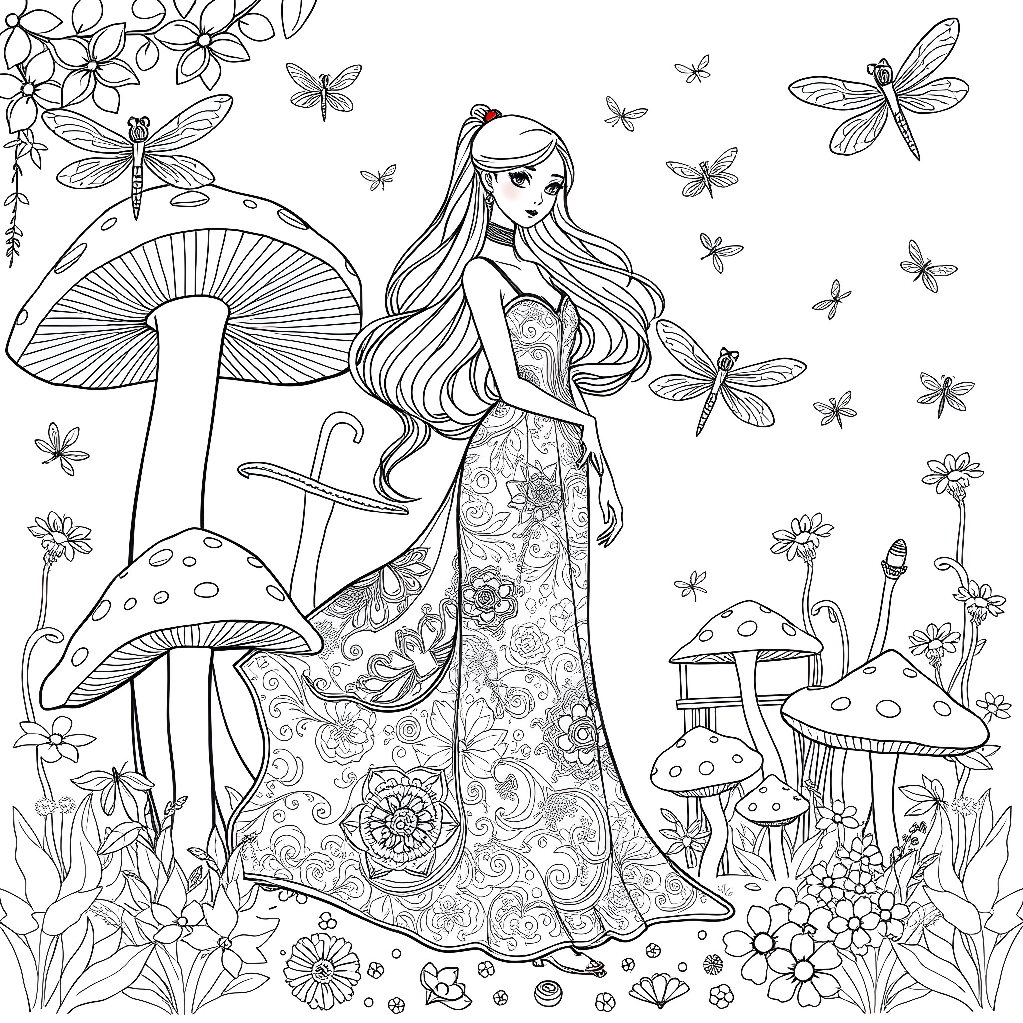 Clarita's Enchanted Mushroom Forest Adventure Coloring Page (free black-and-white line drawing printable PDF for all, from beginners to advanced learners, including children, teens, adults, and seniors)