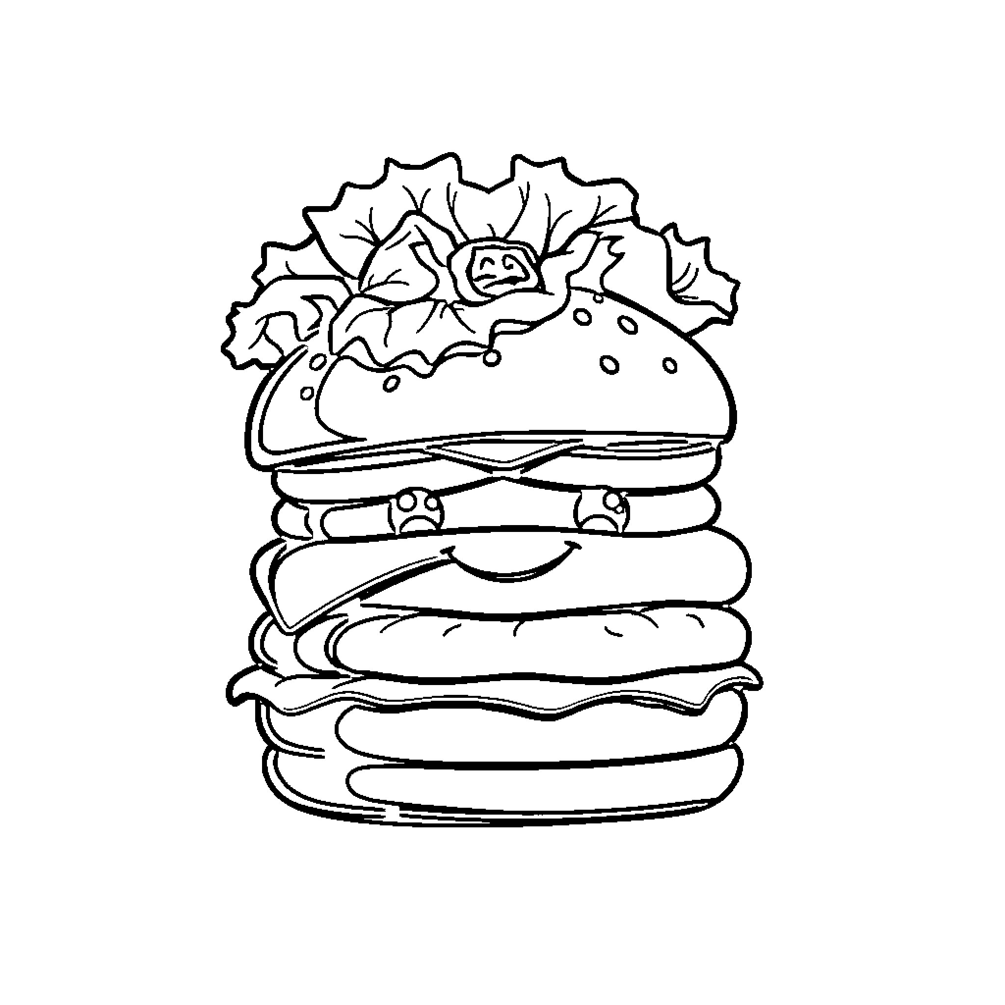 Hamburger with layered ingredients Coloring Page (free black-and-white line drawing printable PDF for all, from beginners to advanced learners, including children, teens, adults, and seniors)
