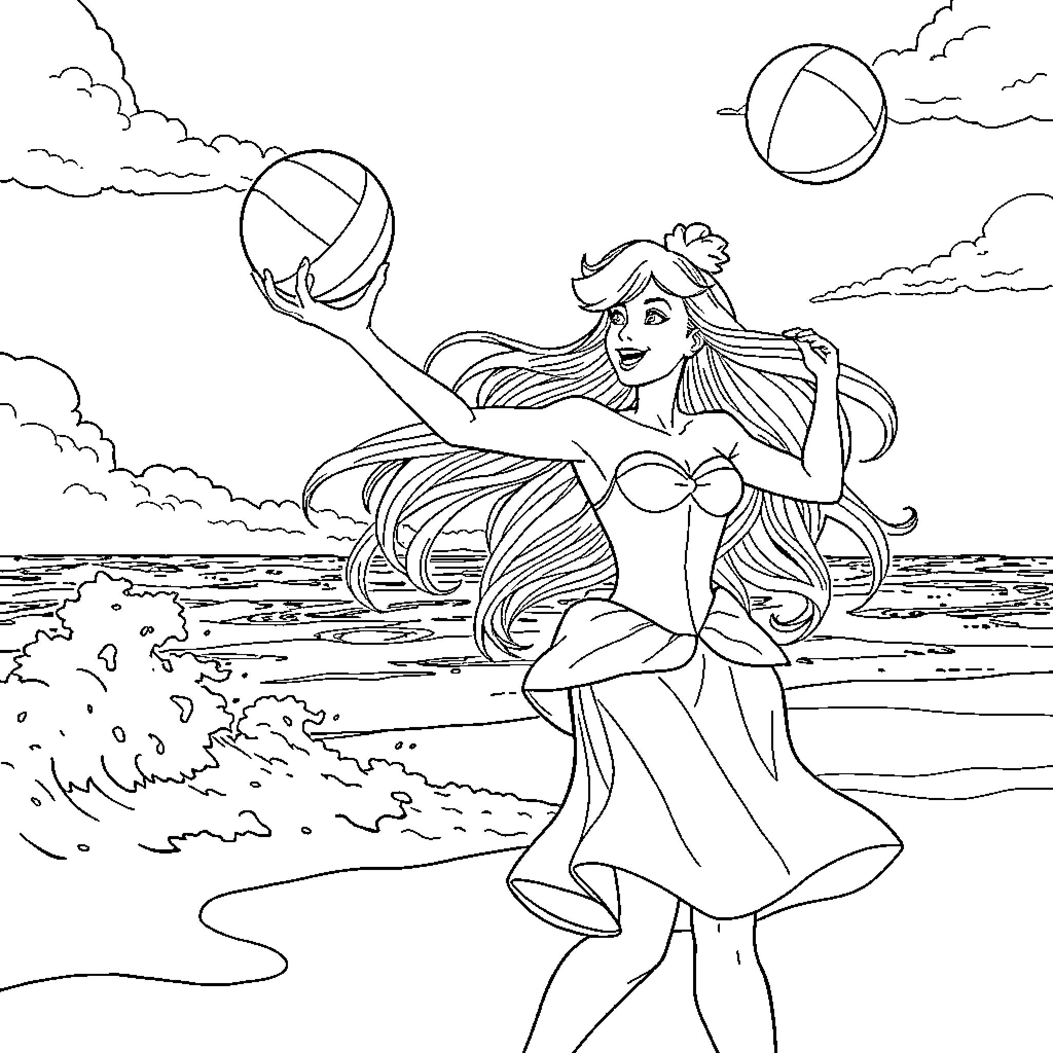 Cinderella Enjoys a Beachside Volleyball Game Coloring Page (free black-and-white line drawing printable PDF for all, from beginners to advanced learners, including children, teens, adults, and seniors)