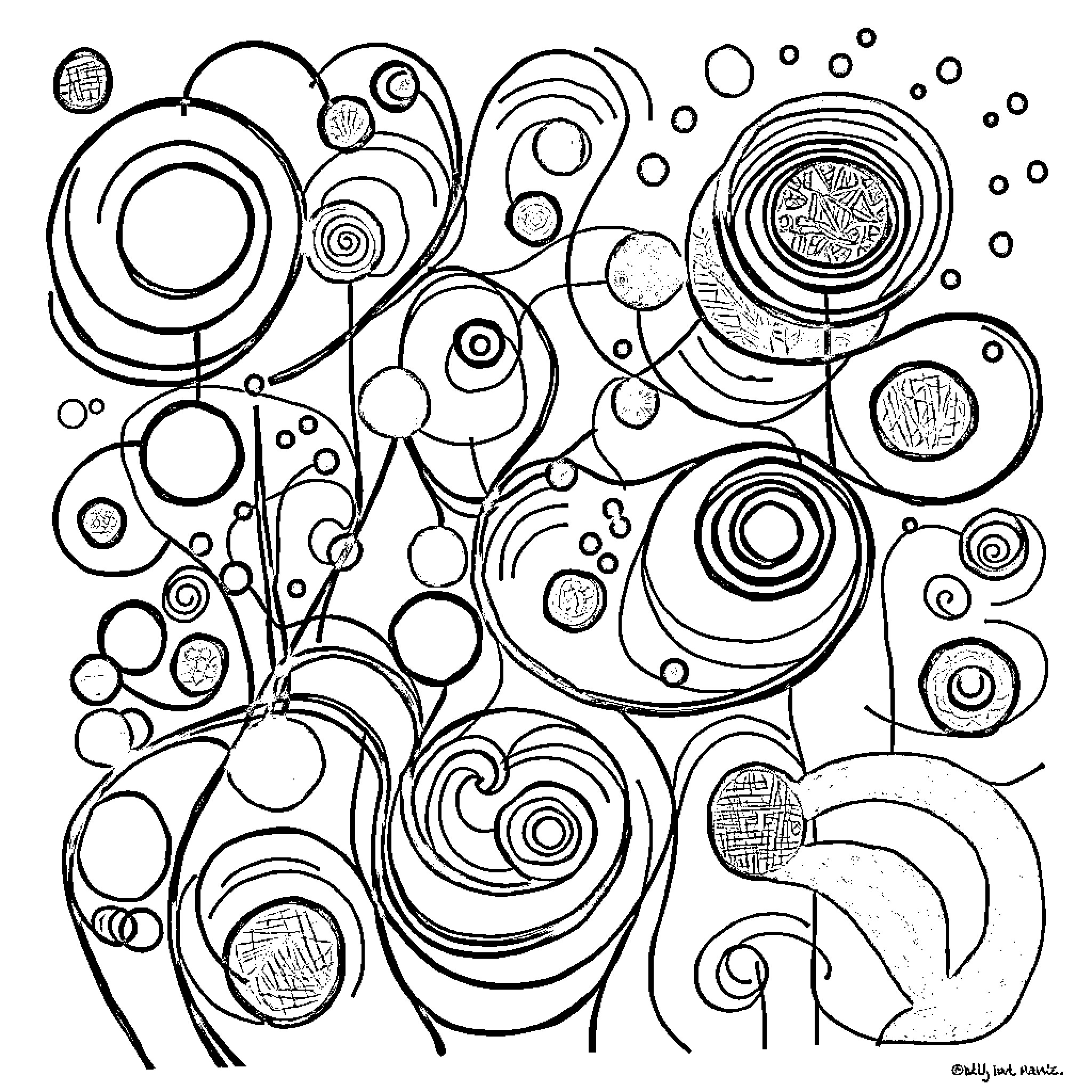 Kandinsky's Whimsical Geometric Exploration Coloring Page (free black-and-white line drawing printable PDF for all, from beginners to advanced learners, including children, teens, adults, and seniors)