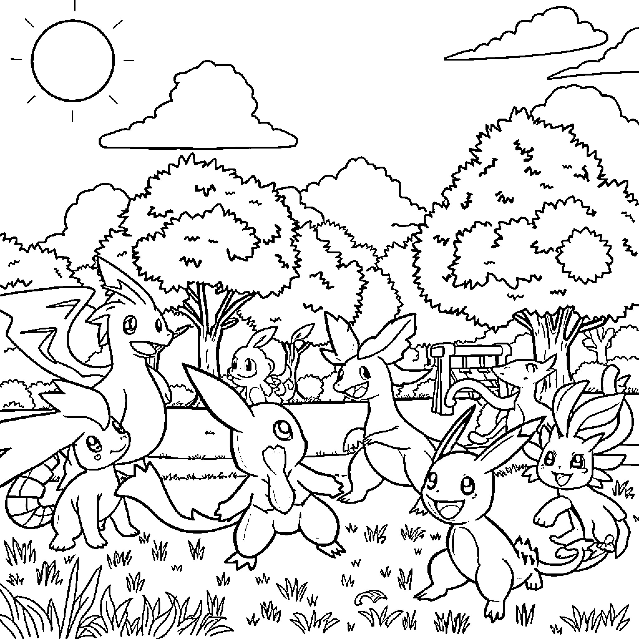 Pokémon characters playing in a forest landscape Coloring Page (free black-and-white line drawing printable PDF for all, from beginners to advanced learners, including children, teens, adults, and seniors)