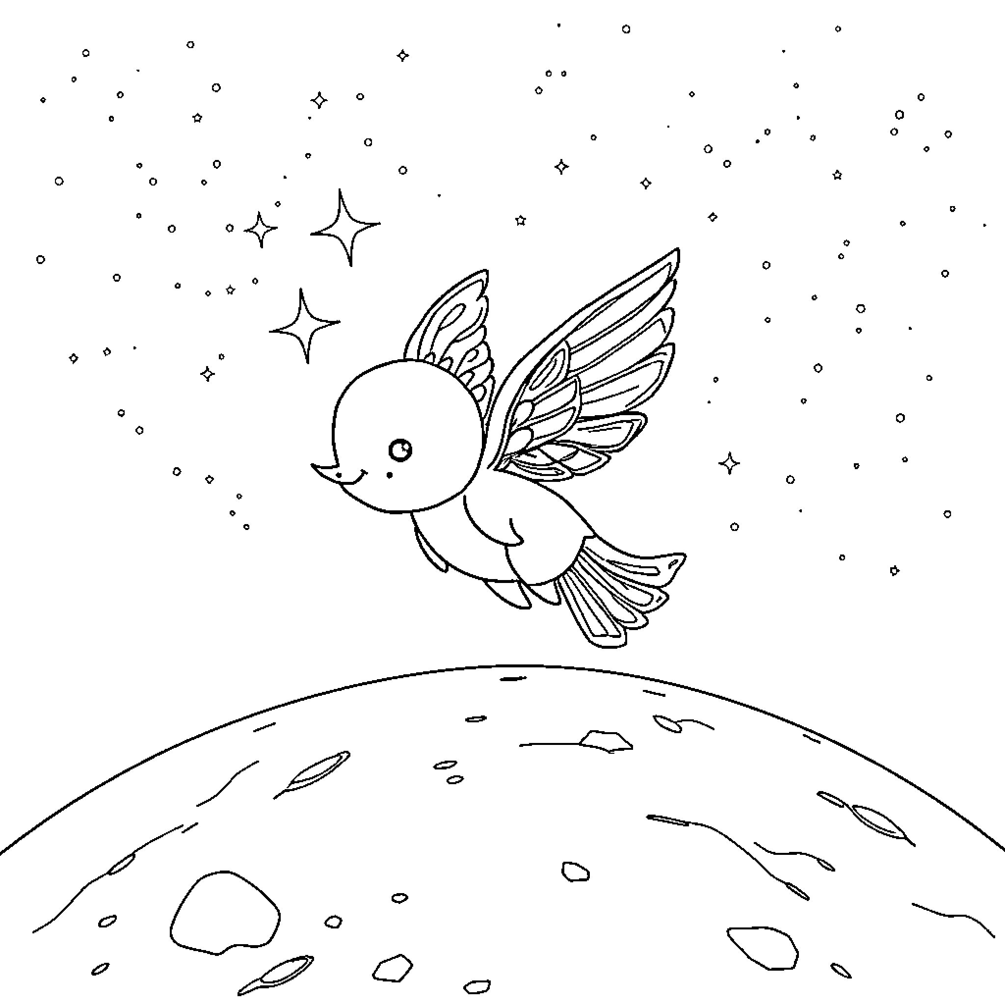 Flying Pig soaring through starry night sky Coloring Page (free black-and-white line drawing printable PDF for all, from beginners to advanced learners, including children, teens, adults, and seniors)