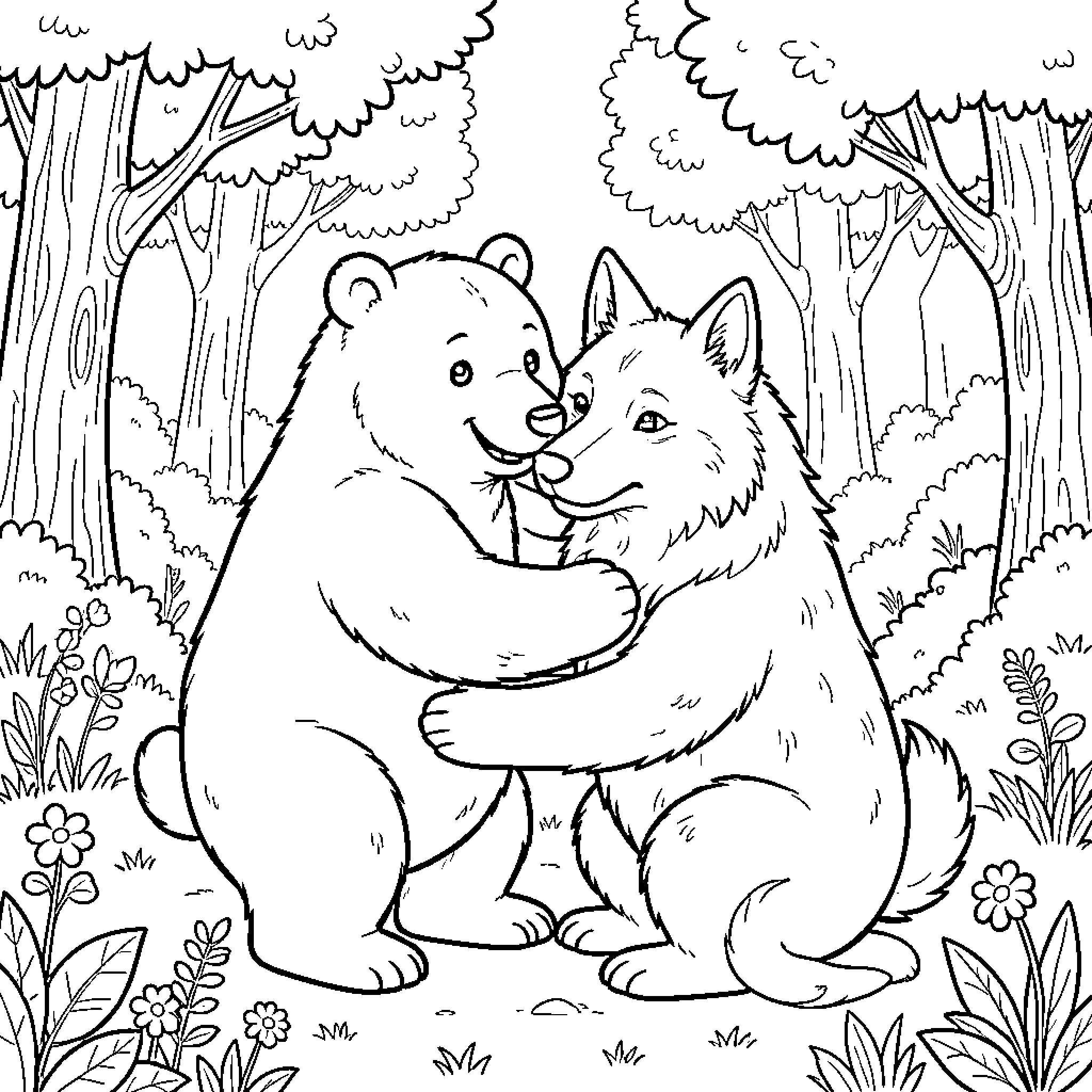 Bear friends exploring the forest together Coloring Page (free black-and-white line drawing printable PDF for all, from beginners to advanced learners, including children, teens, adults, and seniors)