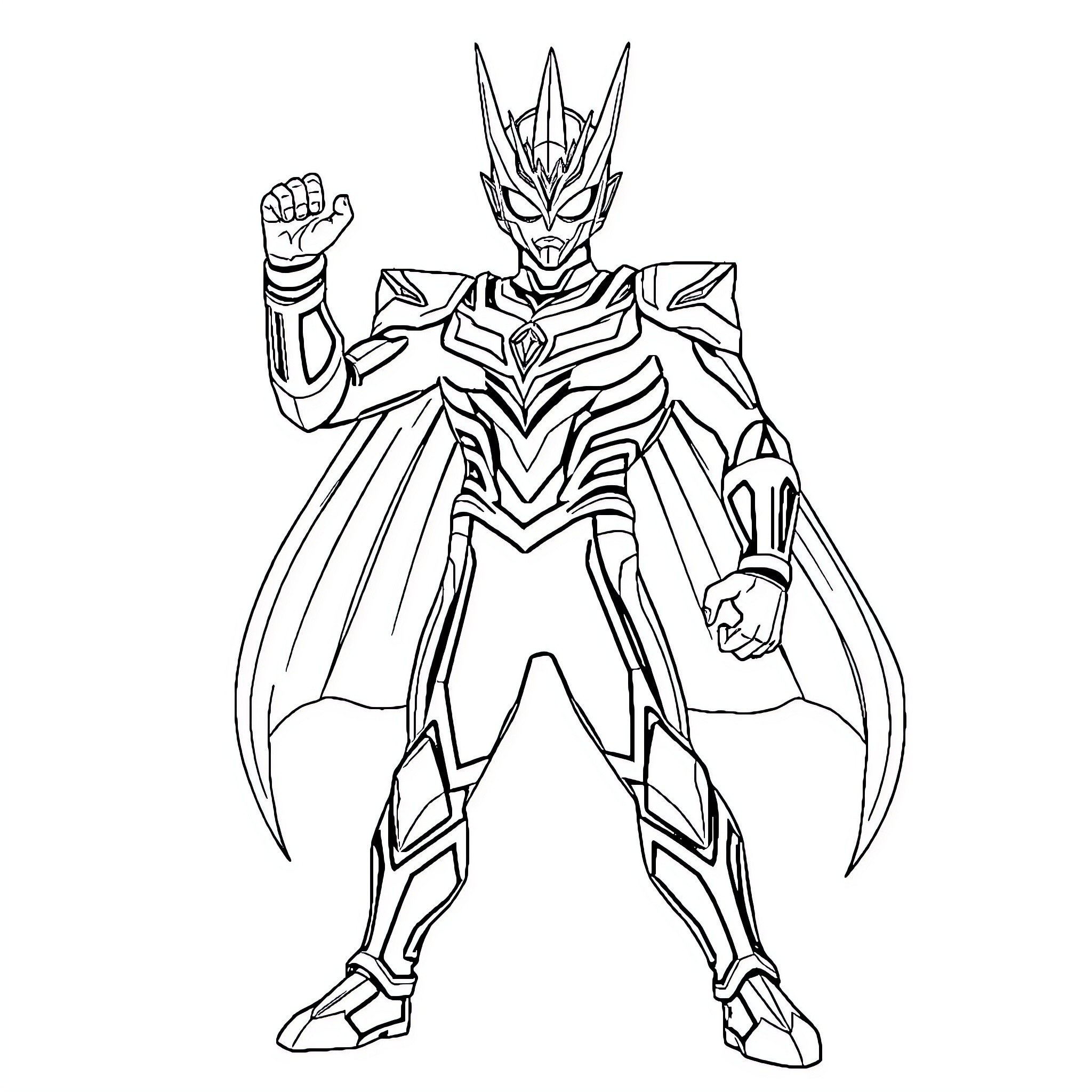 Ultraman Zero in heroic battle stance Coloring Page (free black-and-white line drawing printable PDF for all, from beginners to advanced learners, including children, teens, adults, and seniors)