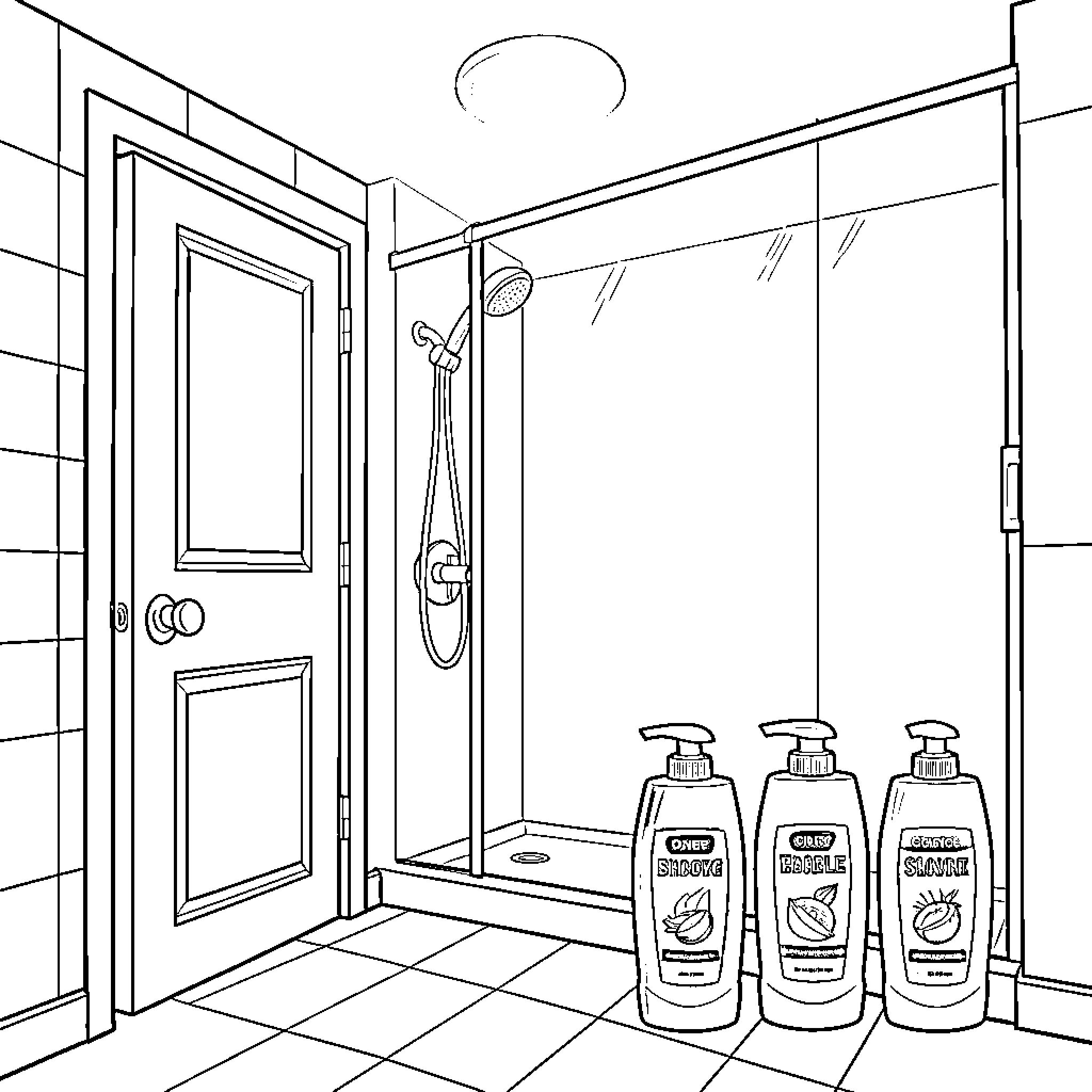 Bathroom with shower and toiletries Coloring Page (free black-and-white line drawing printable PDF for all, from beginners to advanced learners, including children, teens, adults, and seniors)