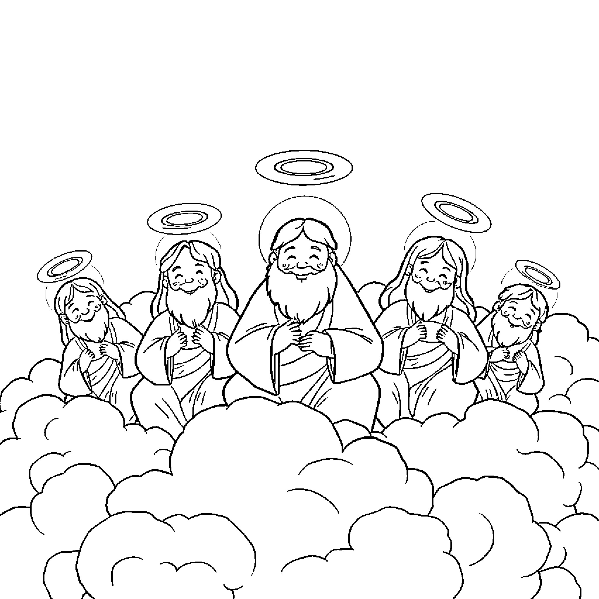 Saint Figures Gathered in Heavenly Clouds Coloring Page (free black-and-white line drawing printable PDF for all, from beginners to advanced learners, including children, teens, adults, and seniors)