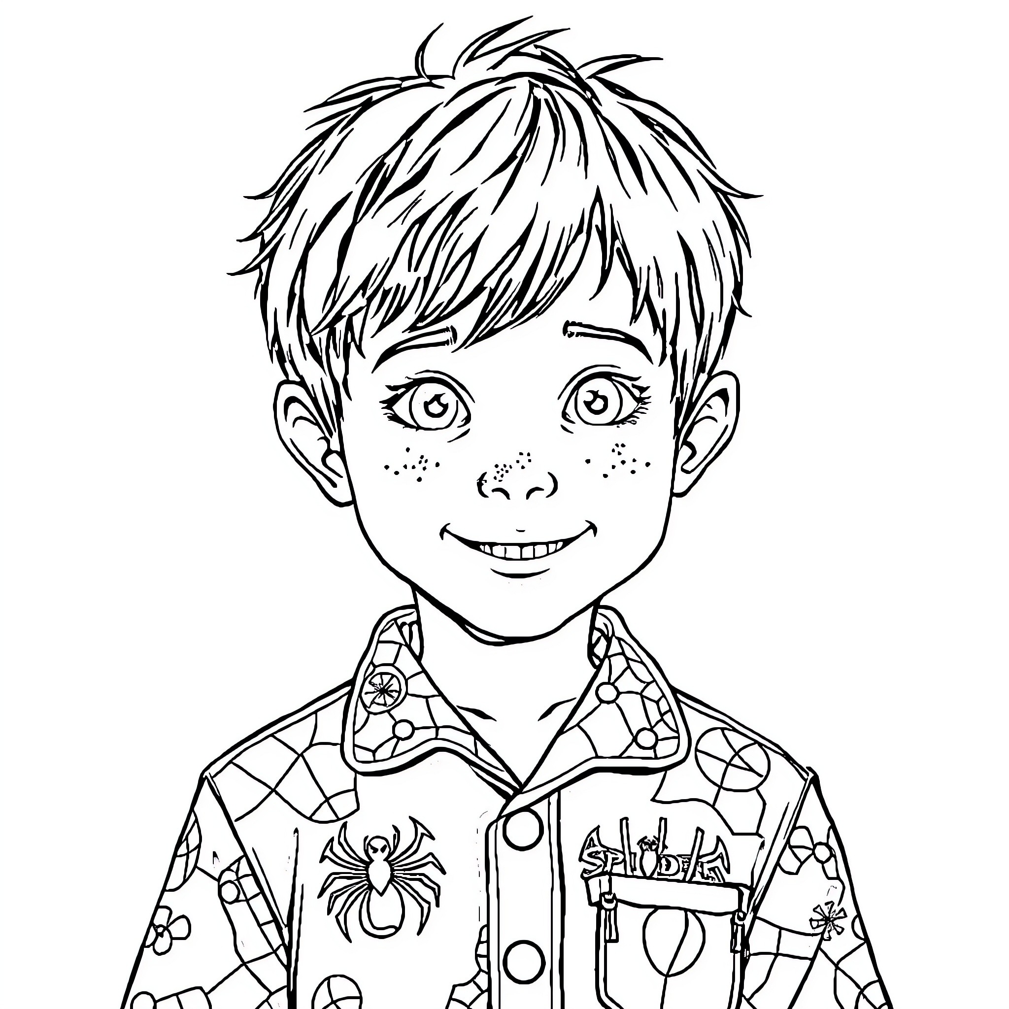 Boy in colorful patterned shirt with a cheerful expression Coloring Page (free black-and-white line drawing printable PDF for all, from beginners to advanced learners, including children, teens, adults, and seniors)