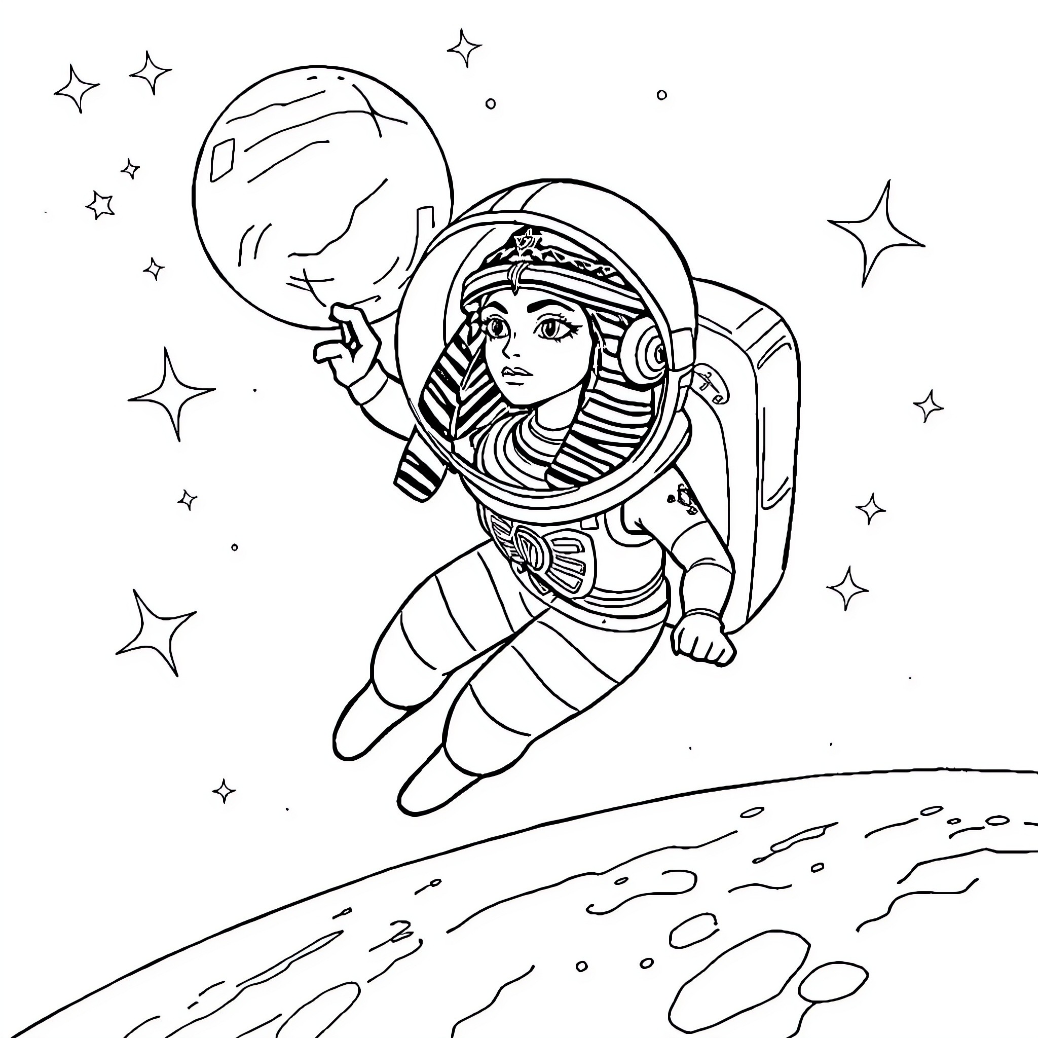 Cleopatra's Cosmic Adventure Coloring Page (free black-and-white line drawing printable PDF for all, from beginners to advanced learners, including children, teens, adults, and seniors)