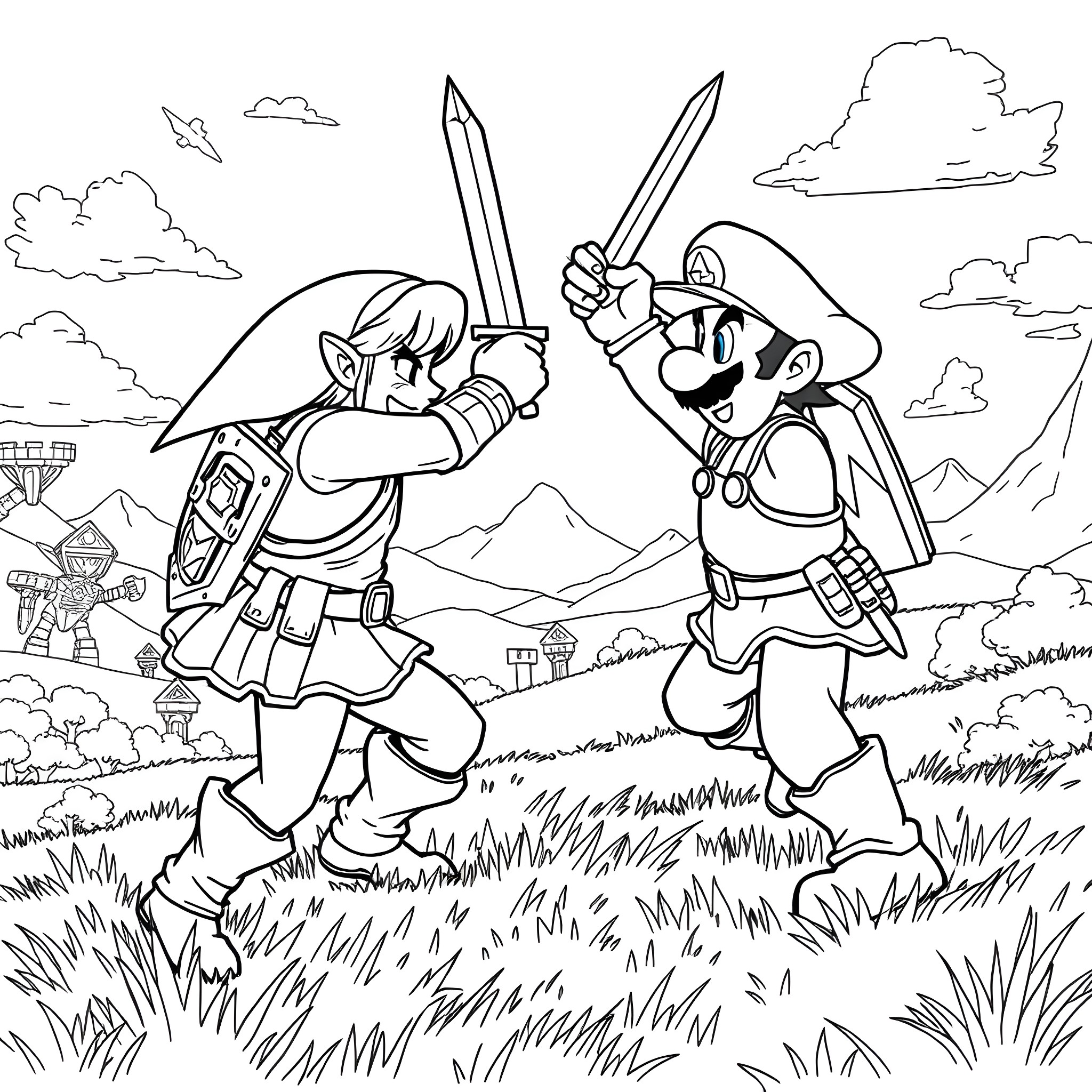 Link and Mario engage in a sword fight in the countryside Coloring Page (free black-and-white line drawing printable PDF for all, from beginners to advanced learners, including children, teens, adults, and seniors)
