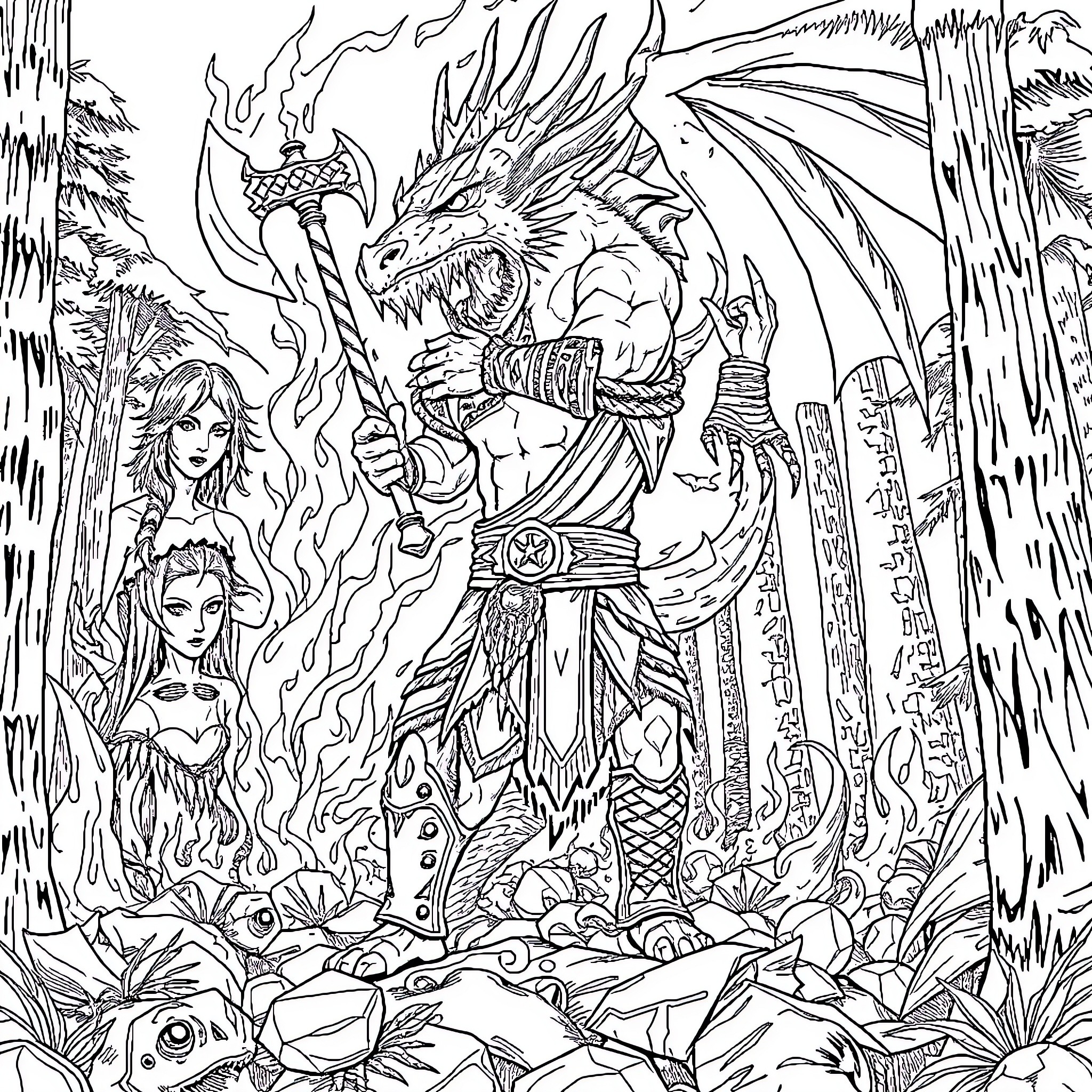 Kratos Confronting Mythical Beasts in Fantastical Landscape Coloring Page (free black-and-white line drawing printable PDF for all, from beginners to advanced learners, including children, teens, adults, and seniors)