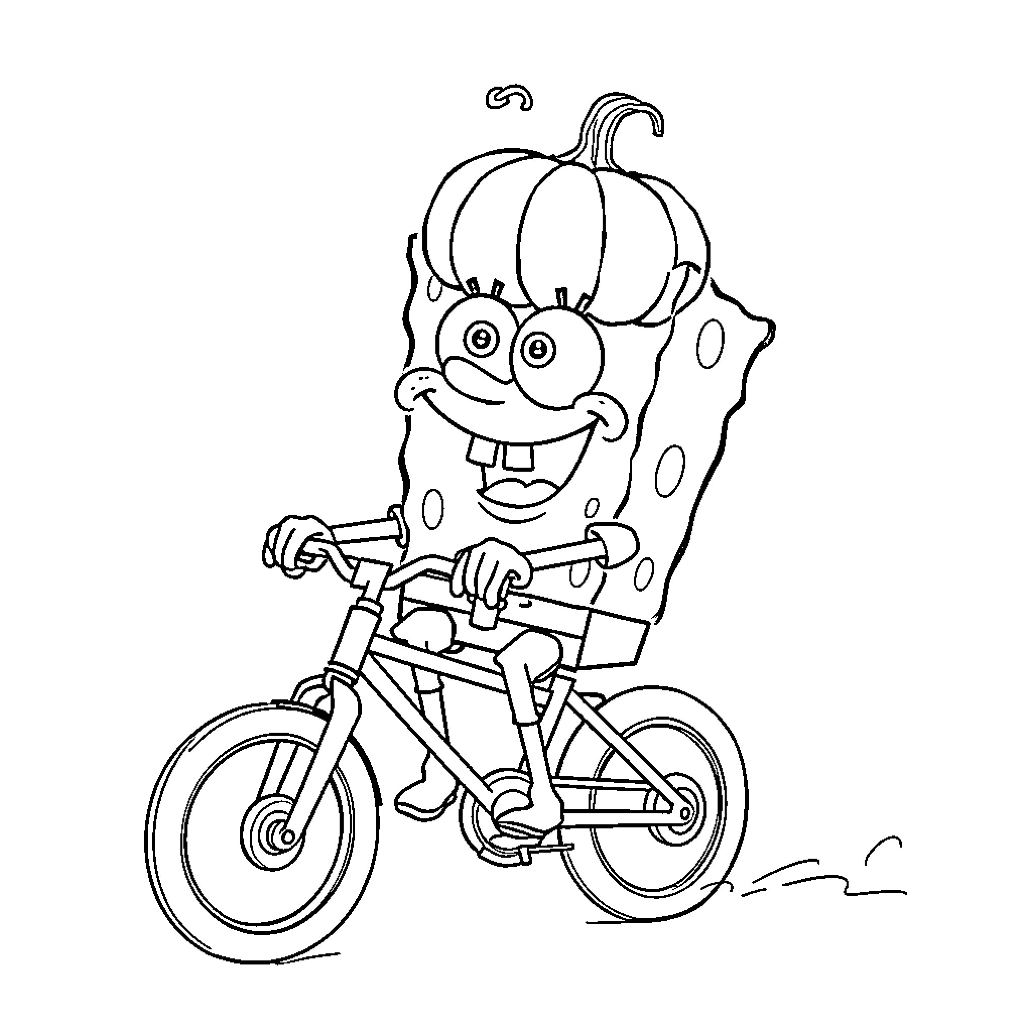 Spongebob rides a bicycle with a big smile Coloring Page (free black-and-white line drawing printable PDF for all, from beginners to advanced learners, including children, teens, adults, and seniors)