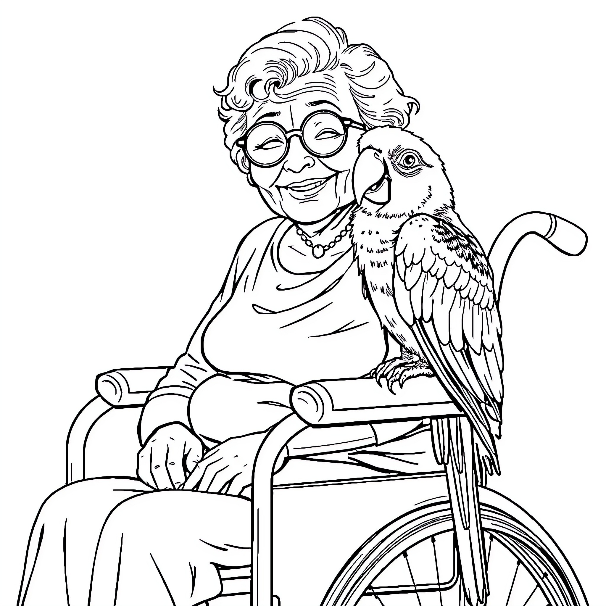 Lady with Parrot Companion in Wheelchair Coloring Page (free black-and-white line drawing printable PDF for all, from beginners to advanced learners, including children, teens, adults, and seniors)