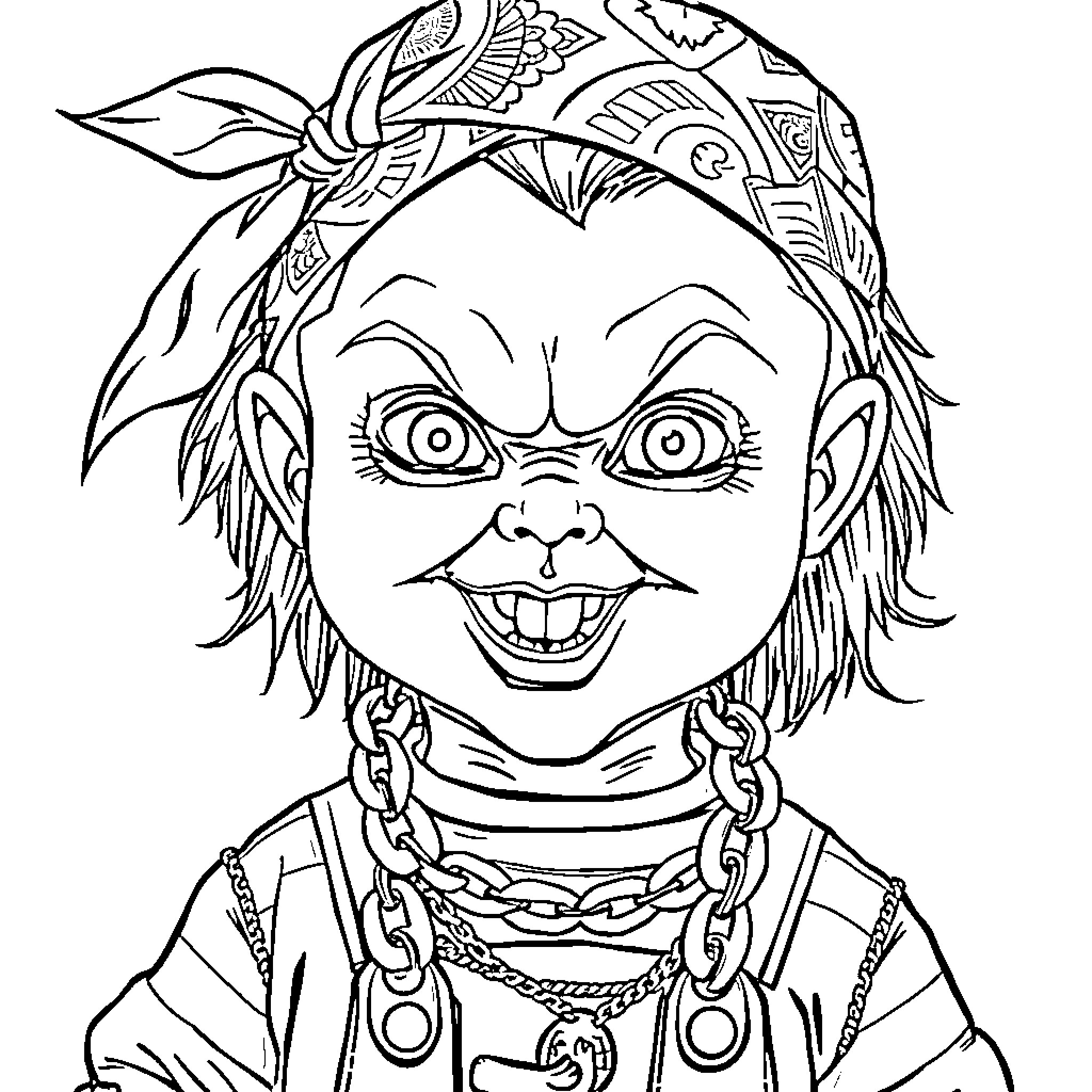 Chucky's Mischievous Expression and Stylish Attire Coloring Page (free black-and-white line drawing printable PDF for all, from beginners to advanced learners, including children, teens, adults, and seniors)