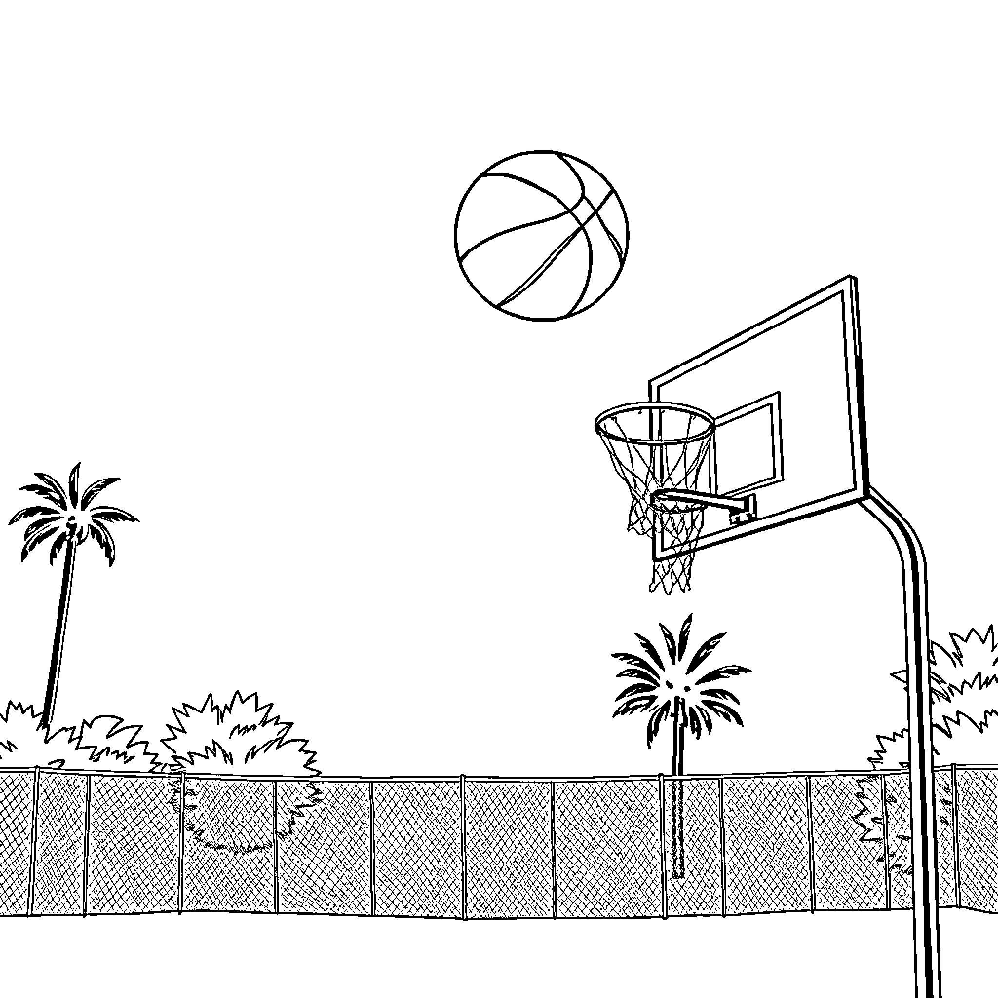 Basketball game on outdoor court with palm trees Coloring Page (free black-and-white line drawing printable PDF for all, from beginners to advanced learners, including children, teens, adults, and seniors)
