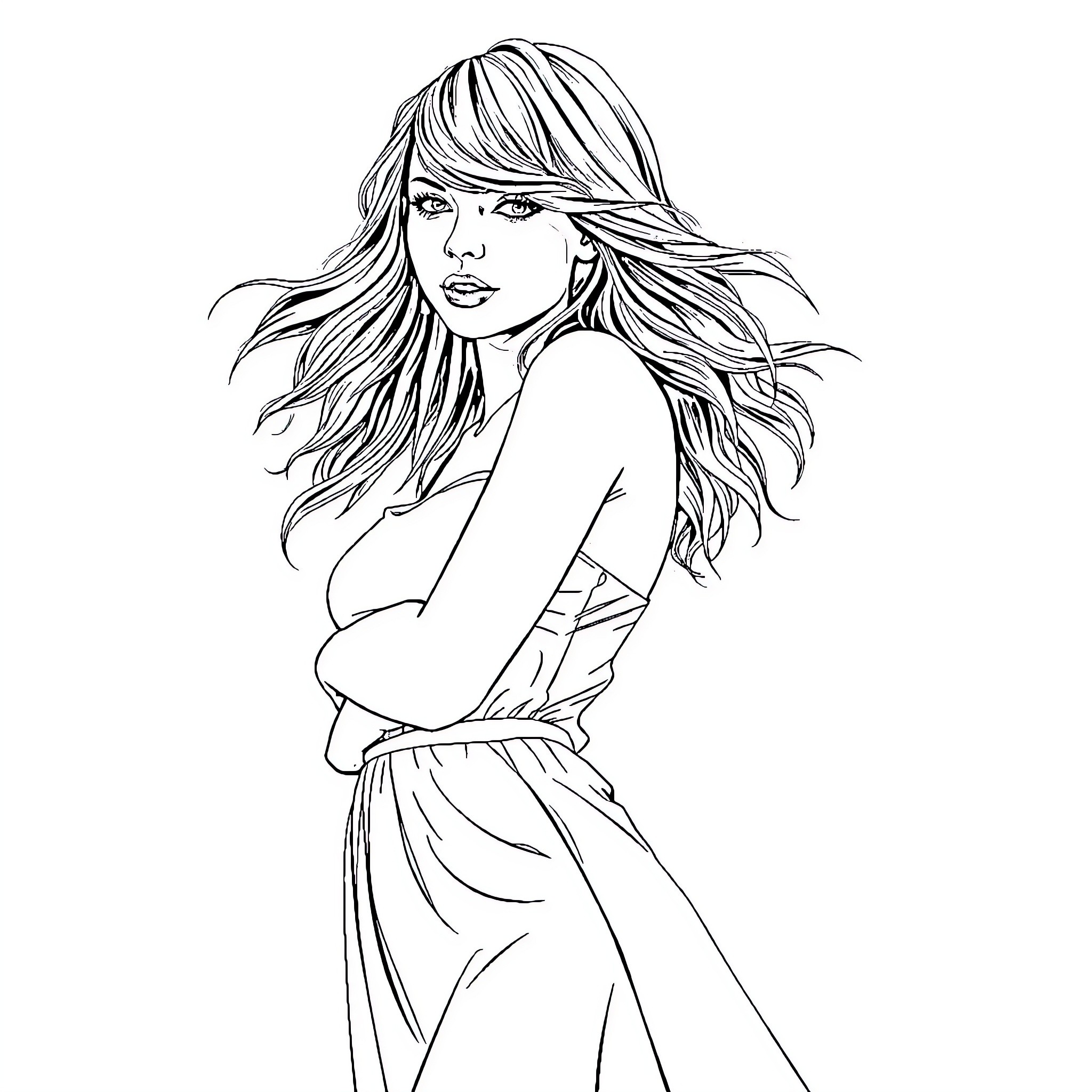 Taylor Swift stylishly posing with flowing hair Coloring Page (free black-and-white line drawing printable PDF for all, from beginners to advanced learners, including children, teens, adults, and seniors)