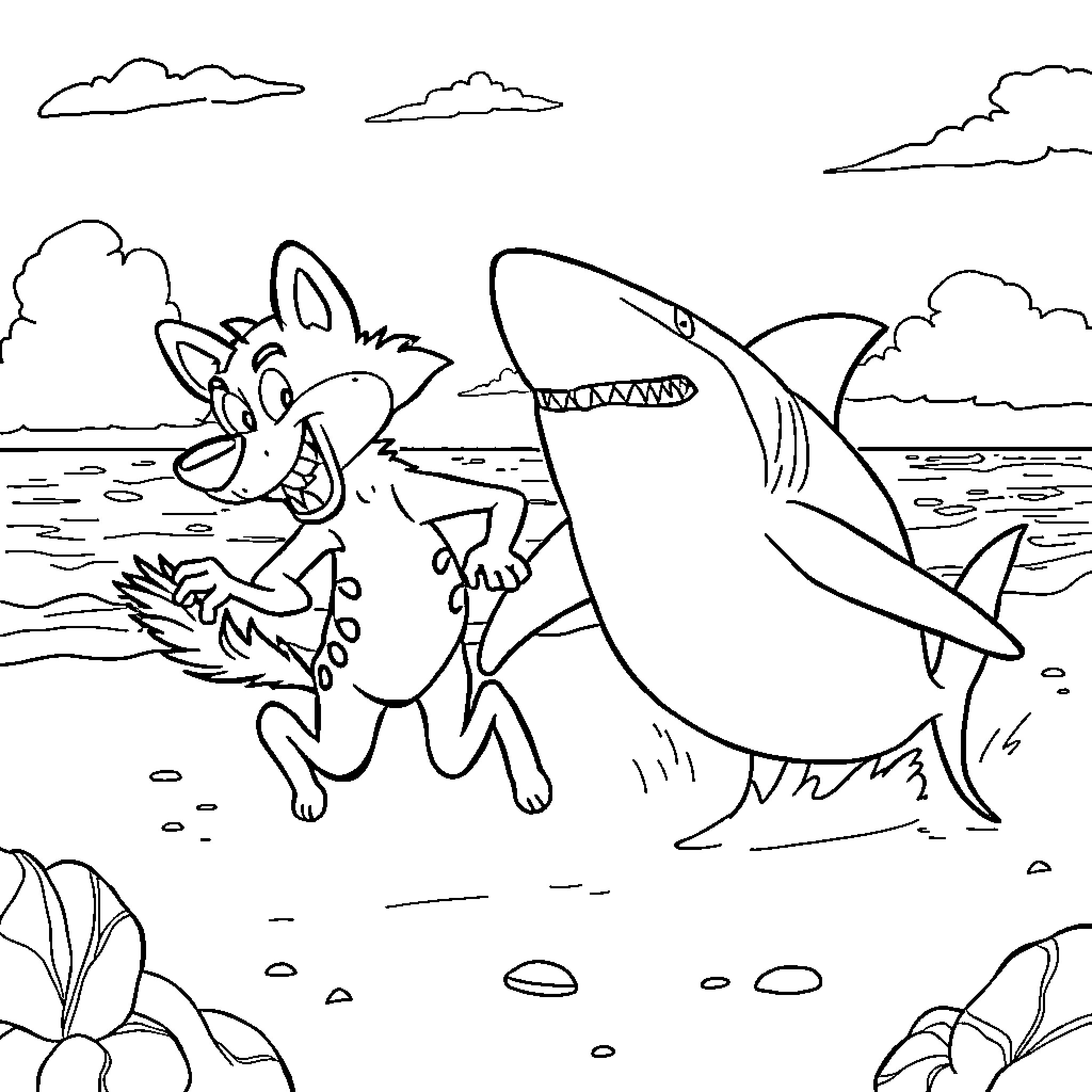 Zig & Sharko in a Beachside Adventure Coloring Page (free black-and-white line drawing printable PDF for all, from beginners to advanced learners, including children, teens, adults, and seniors)