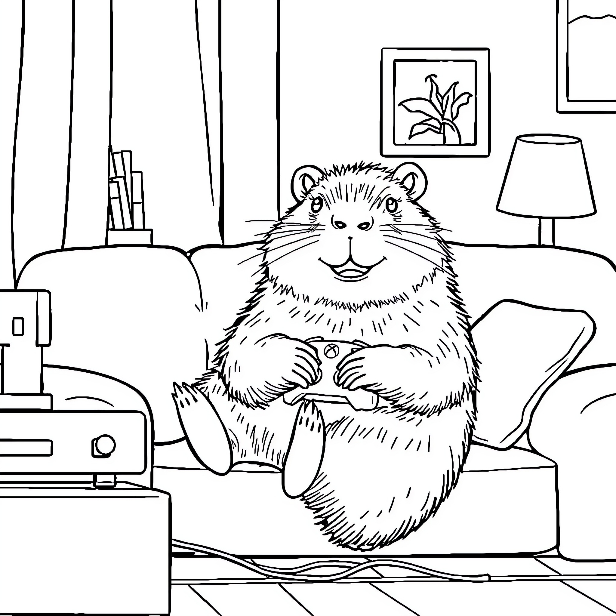 Capybara relaxing comfortably on a couch Coloring Page (free black-and-white line drawing printable PDF for all, from beginners to advanced learners, including children, teens, adults, and seniors)