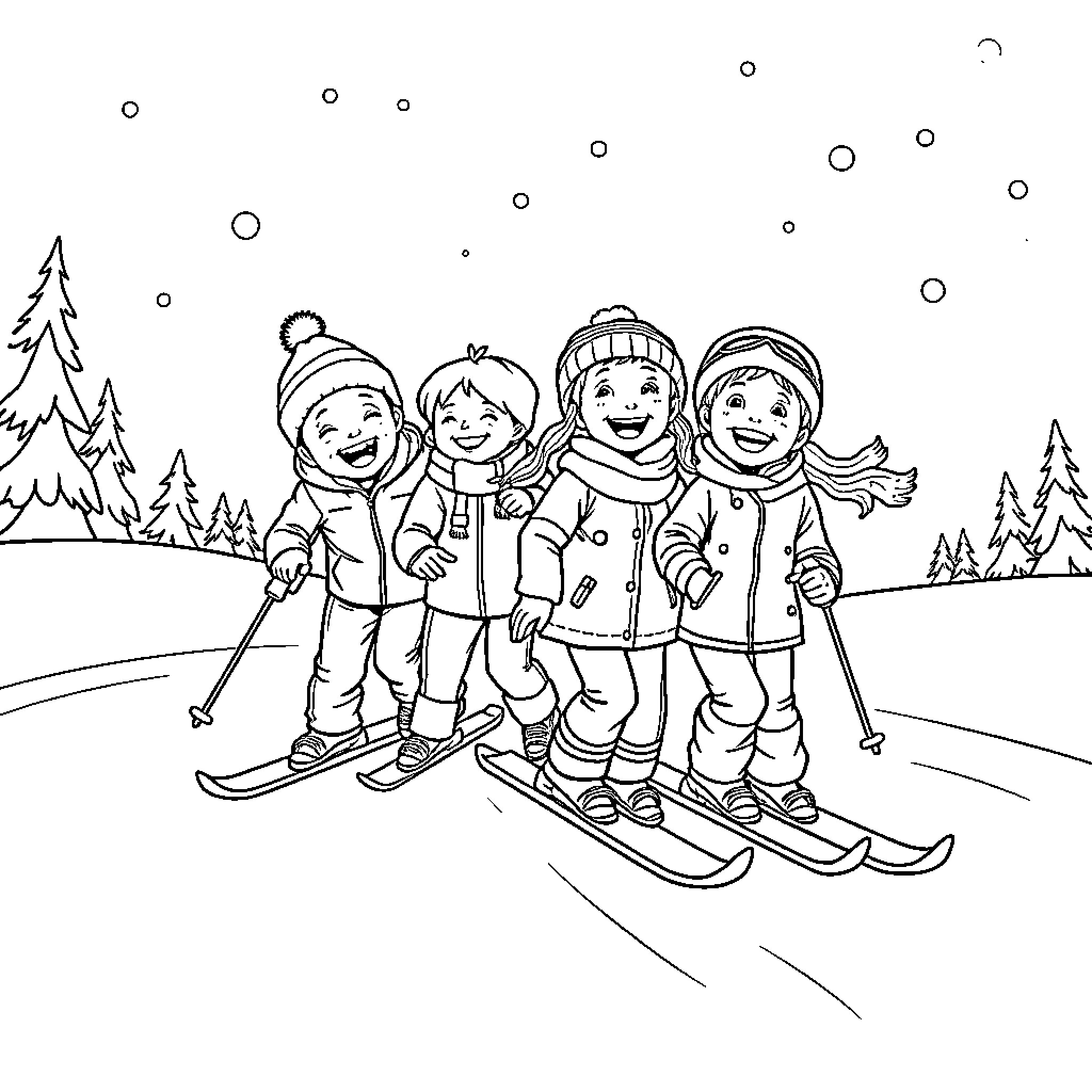 Kids skiing together in a snowy landscape Coloring Page (free black-and-white line drawing printable PDF for all, from beginners to advanced learners, including children, teens, adults, and seniors)