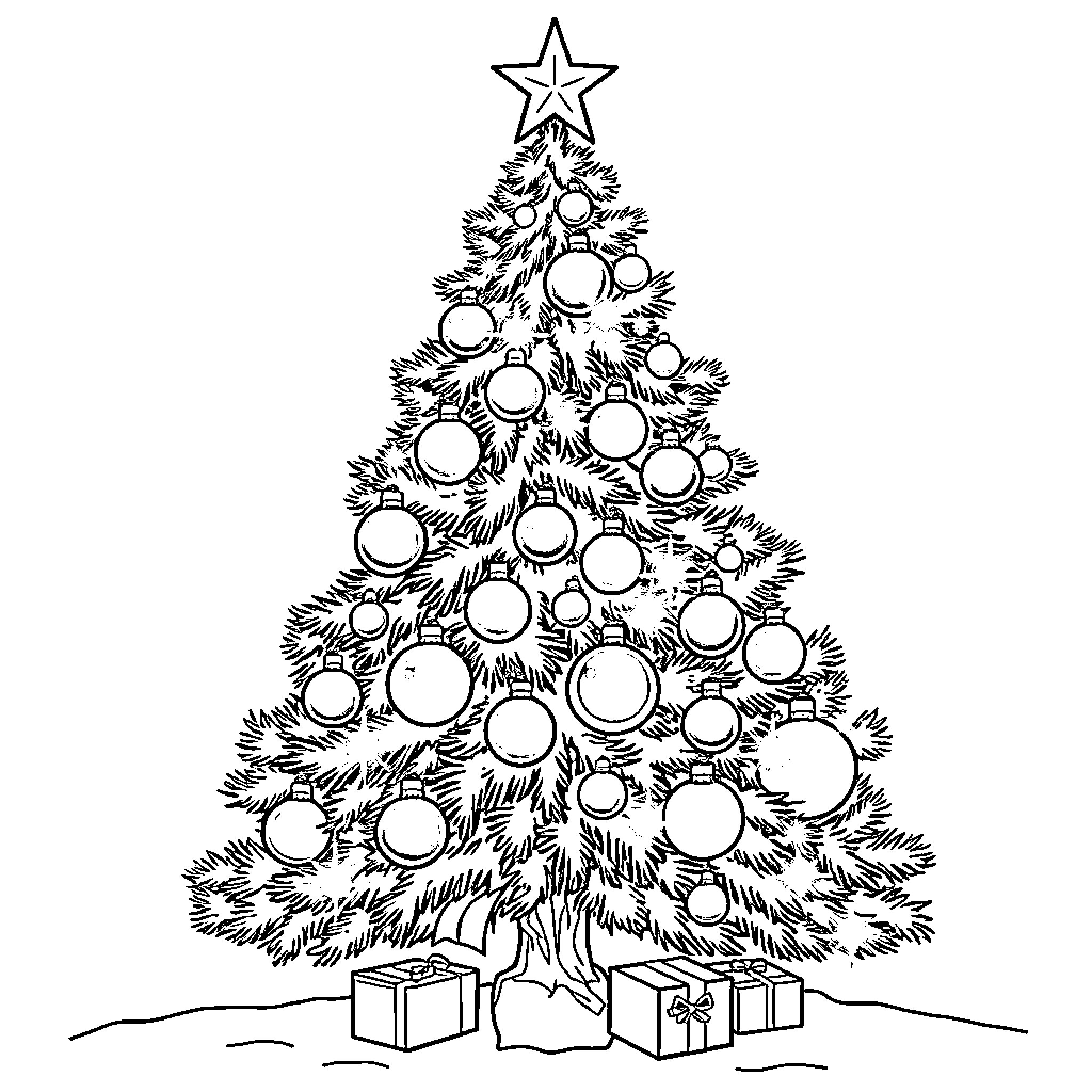 Christmas Tree decorated with ornaments and gifts Coloring Page (free black-and-white line drawing printable PDF for all, from beginners to advanced learners, including children, teens, adults, and seniors)