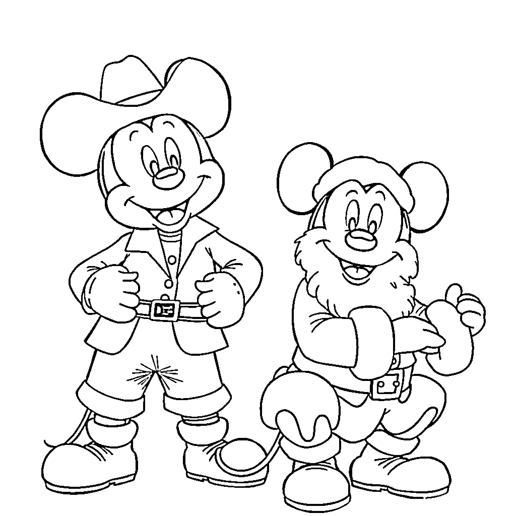 Mickey Mouse and friend in cowboy outfits Coloring Page (free black-and-white line drawing printable PDF for all, from beginners to advanced learners, including children, teens, adults, and seniors)