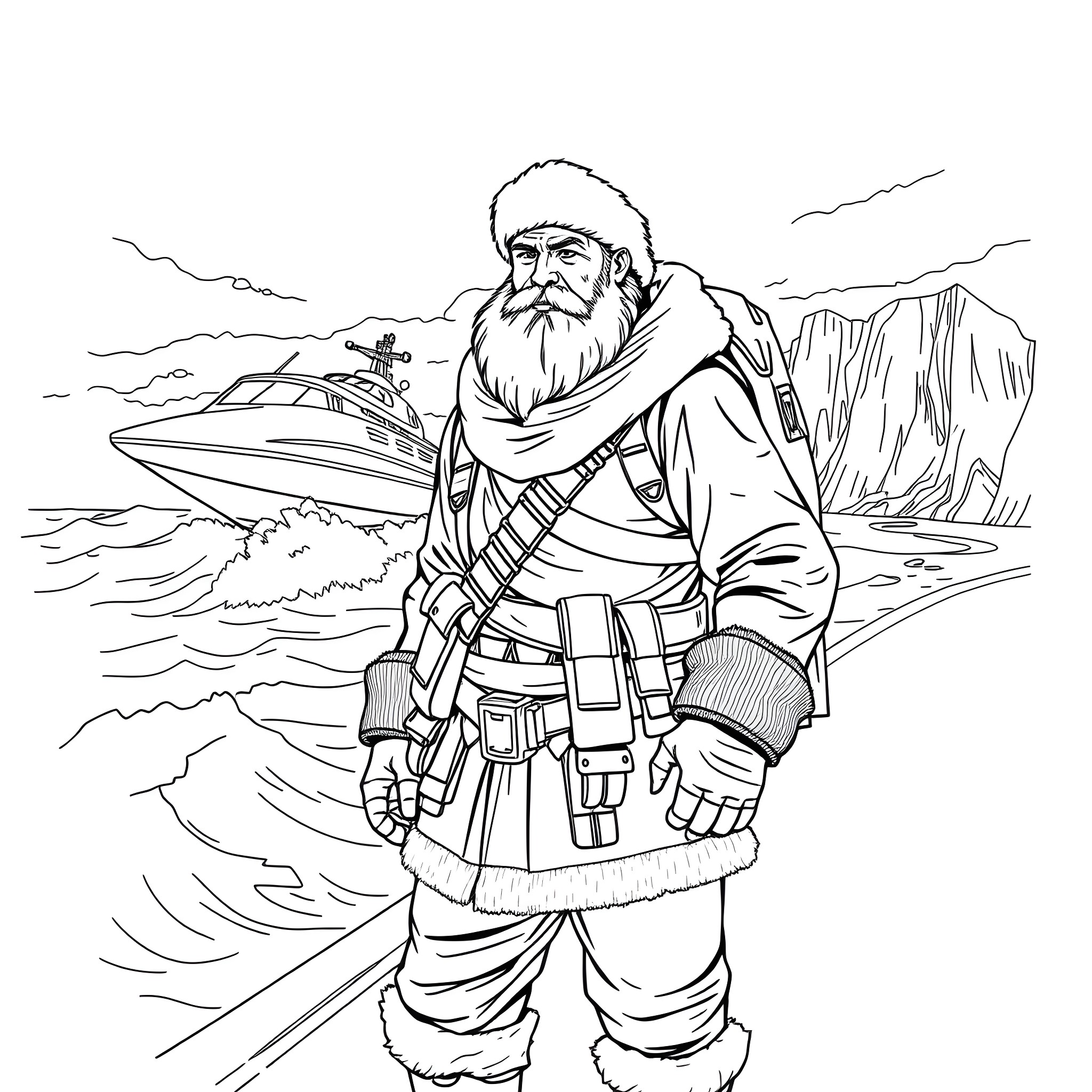 Newfoundland Man Navigates Rugged Terrain with Snowmobile Coloring Page (free black-and-white line drawing printable PDF for all, from beginners to advanced learners, including children, teens, adults, and seniors)