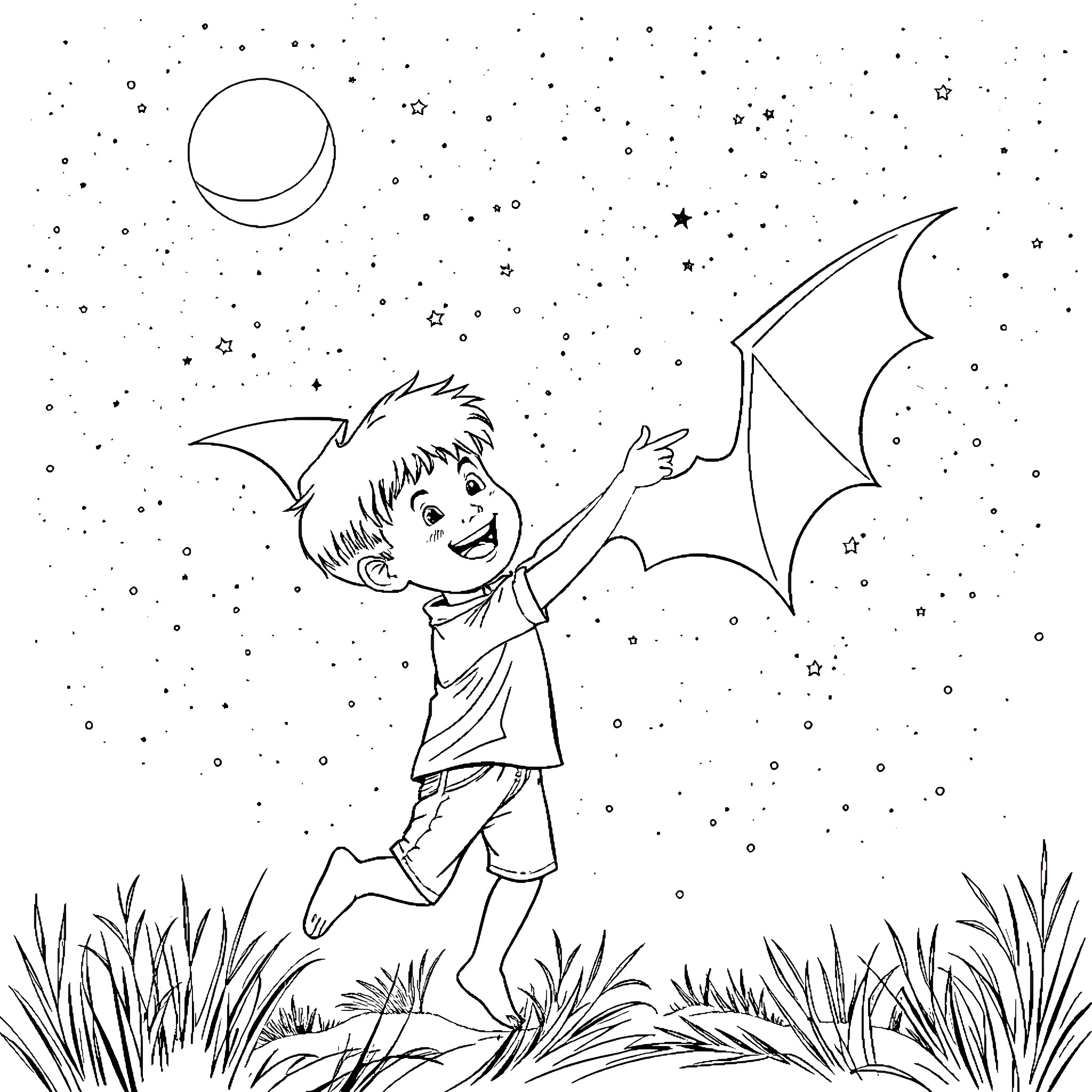 Boy playing with bat wings under the night sky Coloring Page (free black-and-white line drawing printable PDF for all, from beginners to advanced learners, including children, teens, adults, and seniors)