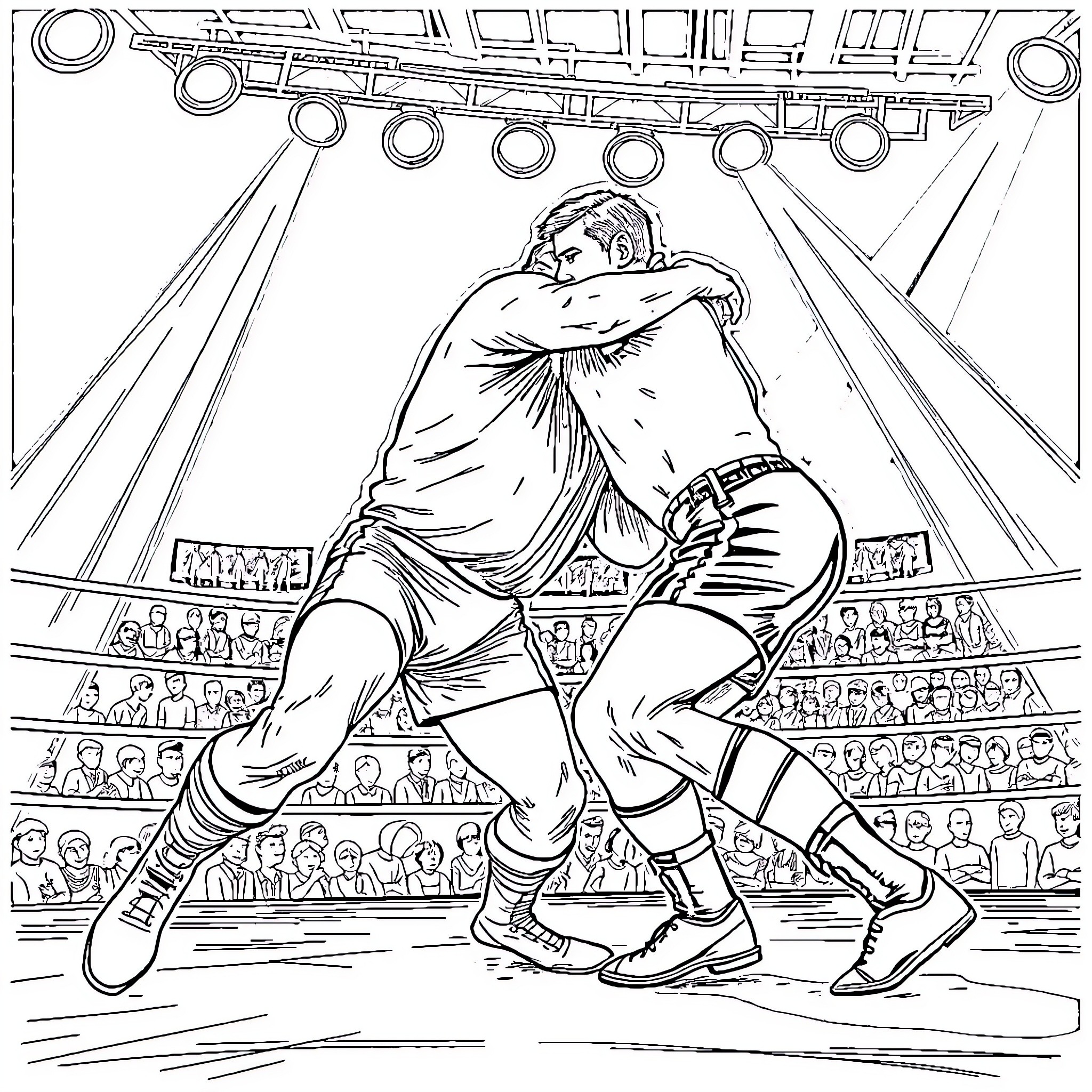 Wrestling athletes in an intense match Coloring Page (free black-and-white line drawing printable PDF for all, from beginners to advanced learners, including children, teens, adults, and seniors)