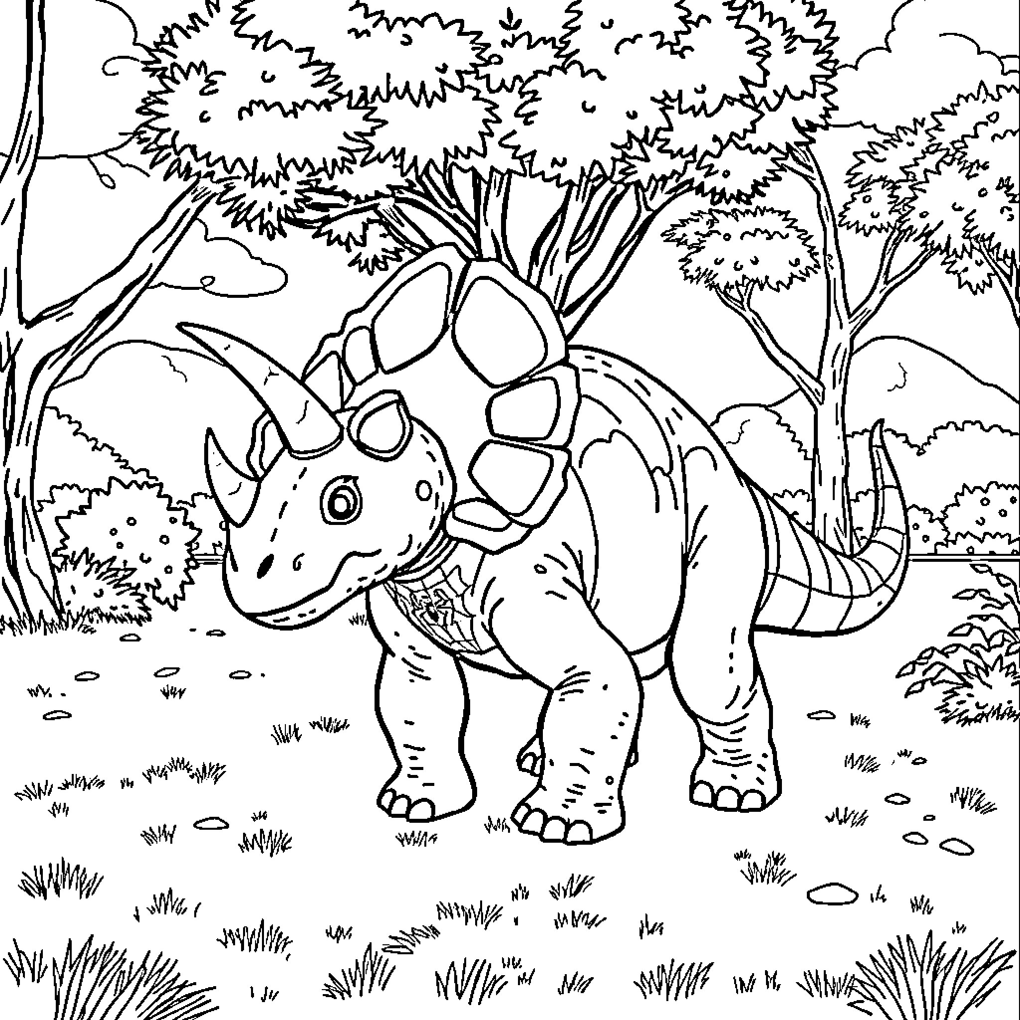 Triceratops exploring the lush forest landscape Coloring Page (free black-and-white line drawing printable PDF for all, from beginners to advanced learners, including children, teens, adults, and seniors)