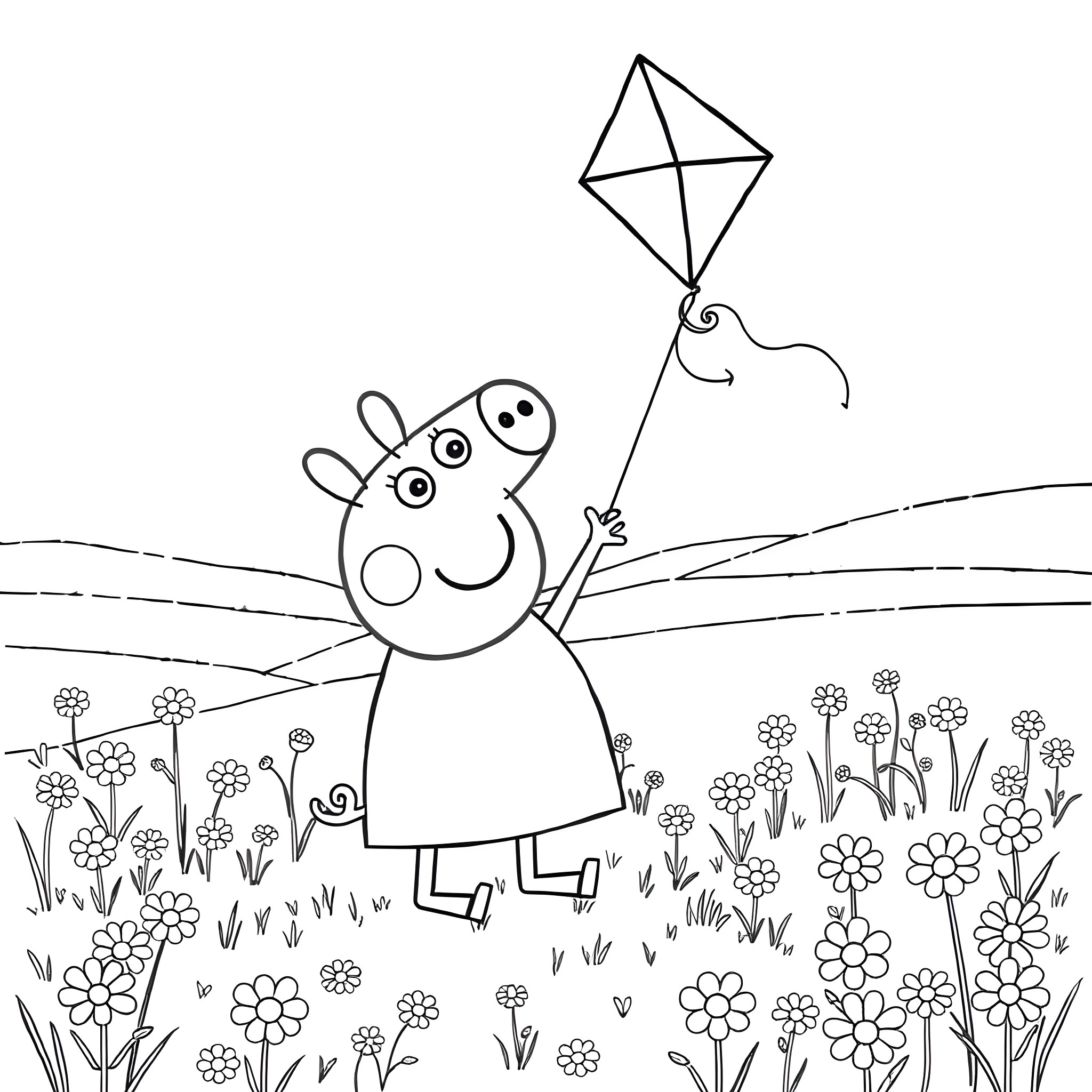 Peppa Pig flying a kite in a field of flowers Coloring Page (free black-and-white line drawing printable PDF for all, from beginners to advanced learners, including children, teens, adults, and seniors)