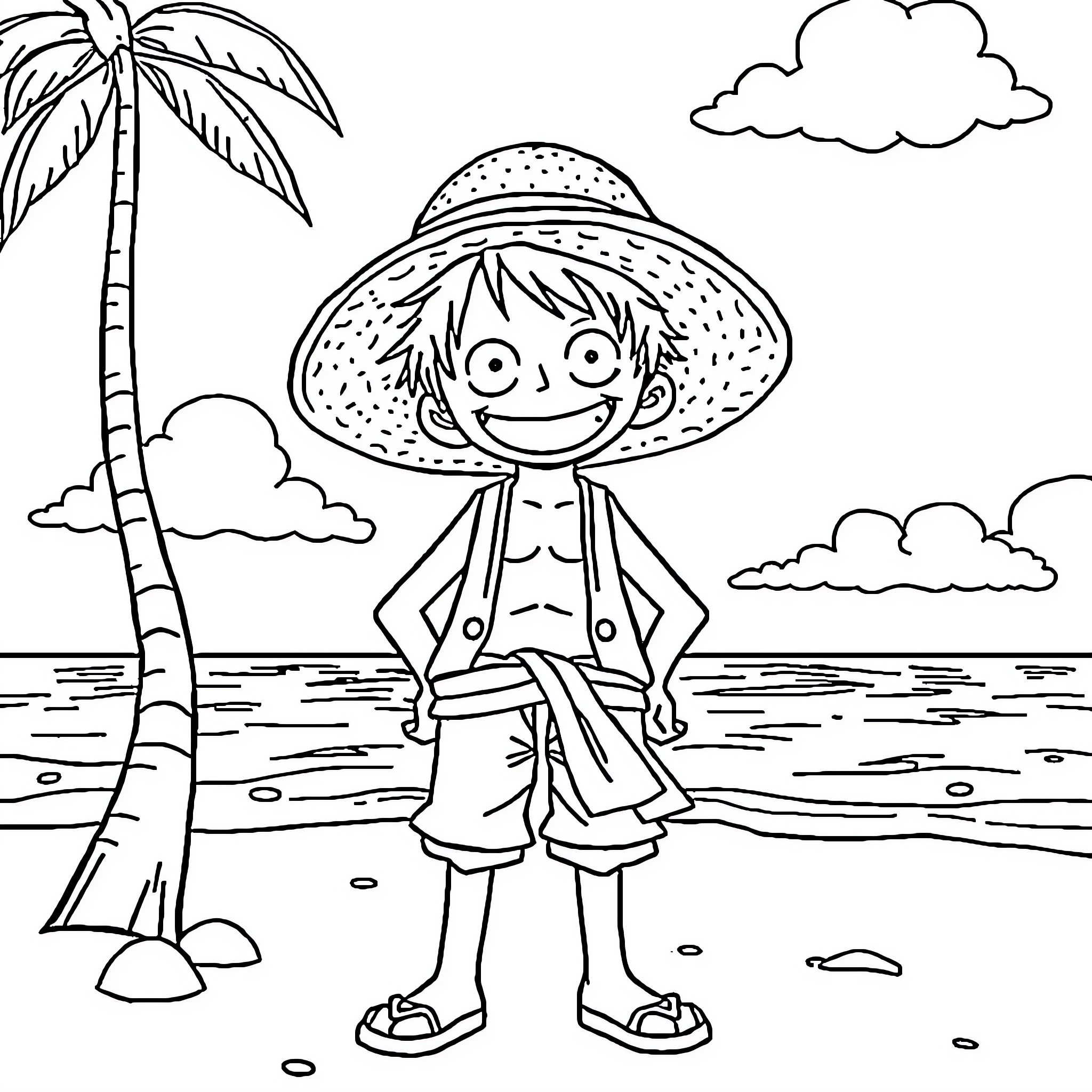 Luffy enjoying a sunny day at the beach Coloring Page (free black-and-white line drawing printable PDF for all, from beginners to advanced learners, including children, teens, adults, and seniors)