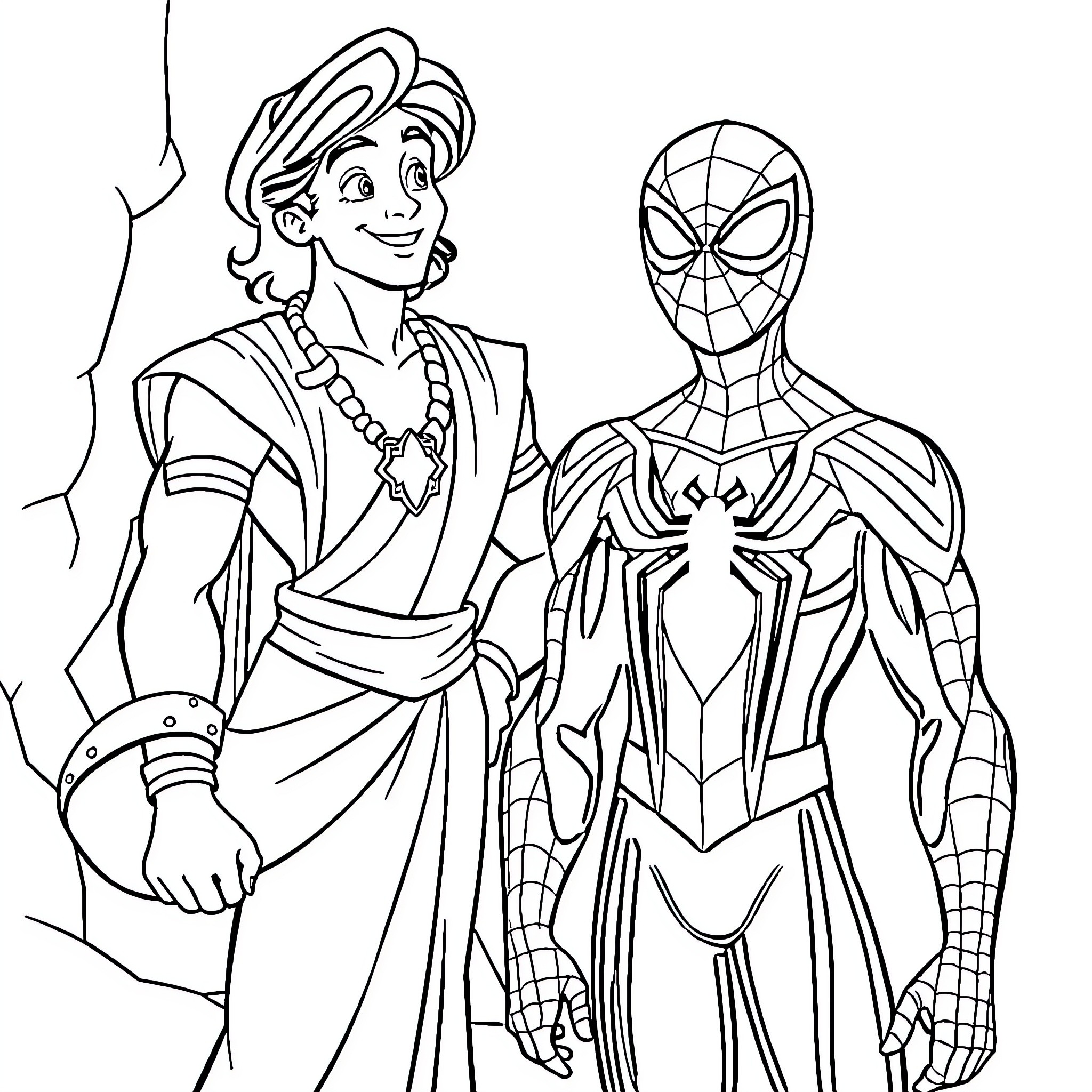 Aladdin and Spider-Man in a Colorful Adventure Coloring Page (free black-and-white line drawing printable PDF for all, from beginners to advanced learners, including children, teens, adults, and seniors)