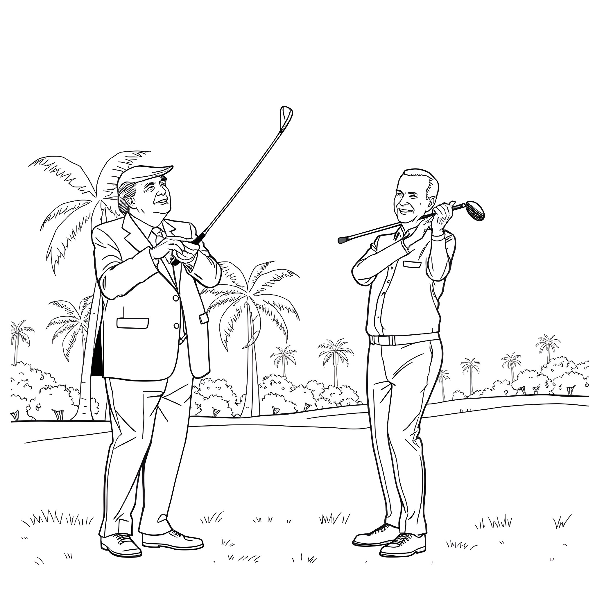 Donald Trump playing golf with political rival Coloring Page (free black-and-white line drawing printable PDF for all, from beginners to advanced learners, including children, teens, adults, and seniors)