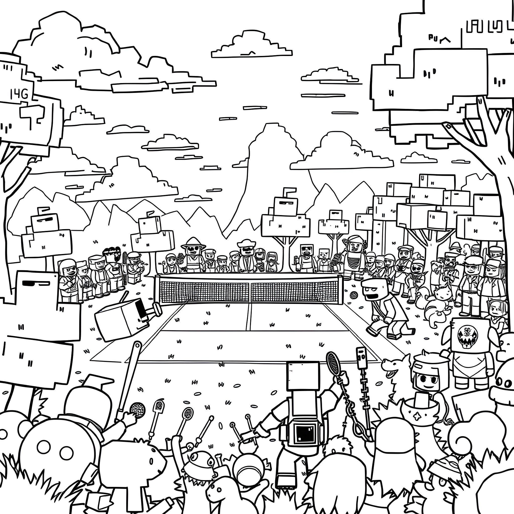 Minecraft characters playing a sports game in the countryside Coloring Page (free black-and-white line drawing printable PDF for all, from beginners to advanced learners, including children, teens, adults, and seniors)