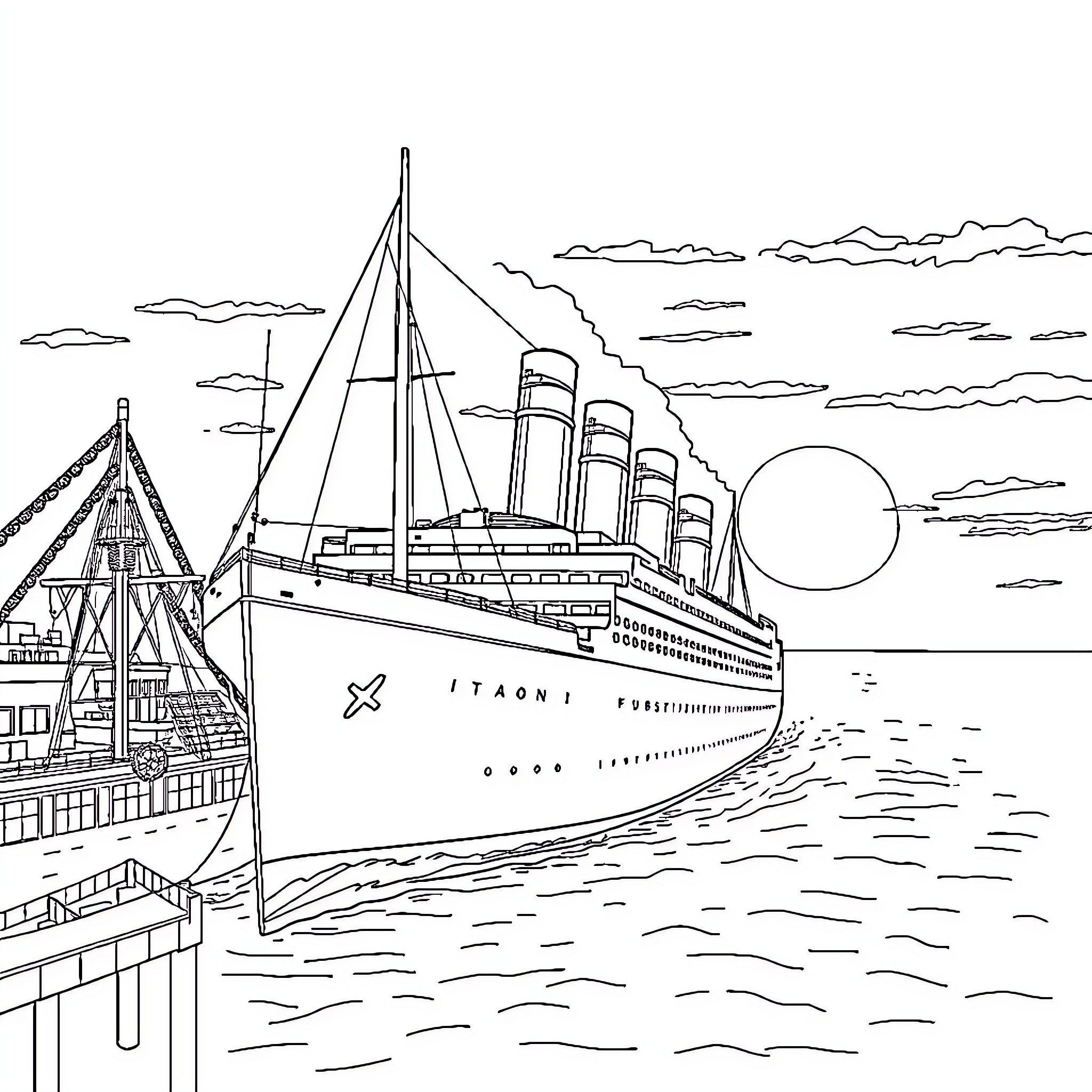 Titanic ocean liner sailing across the sea Coloring Page (free black-and-white line drawing printable PDF for all, from beginners to advanced learners, including children, teens, adults, and seniors)