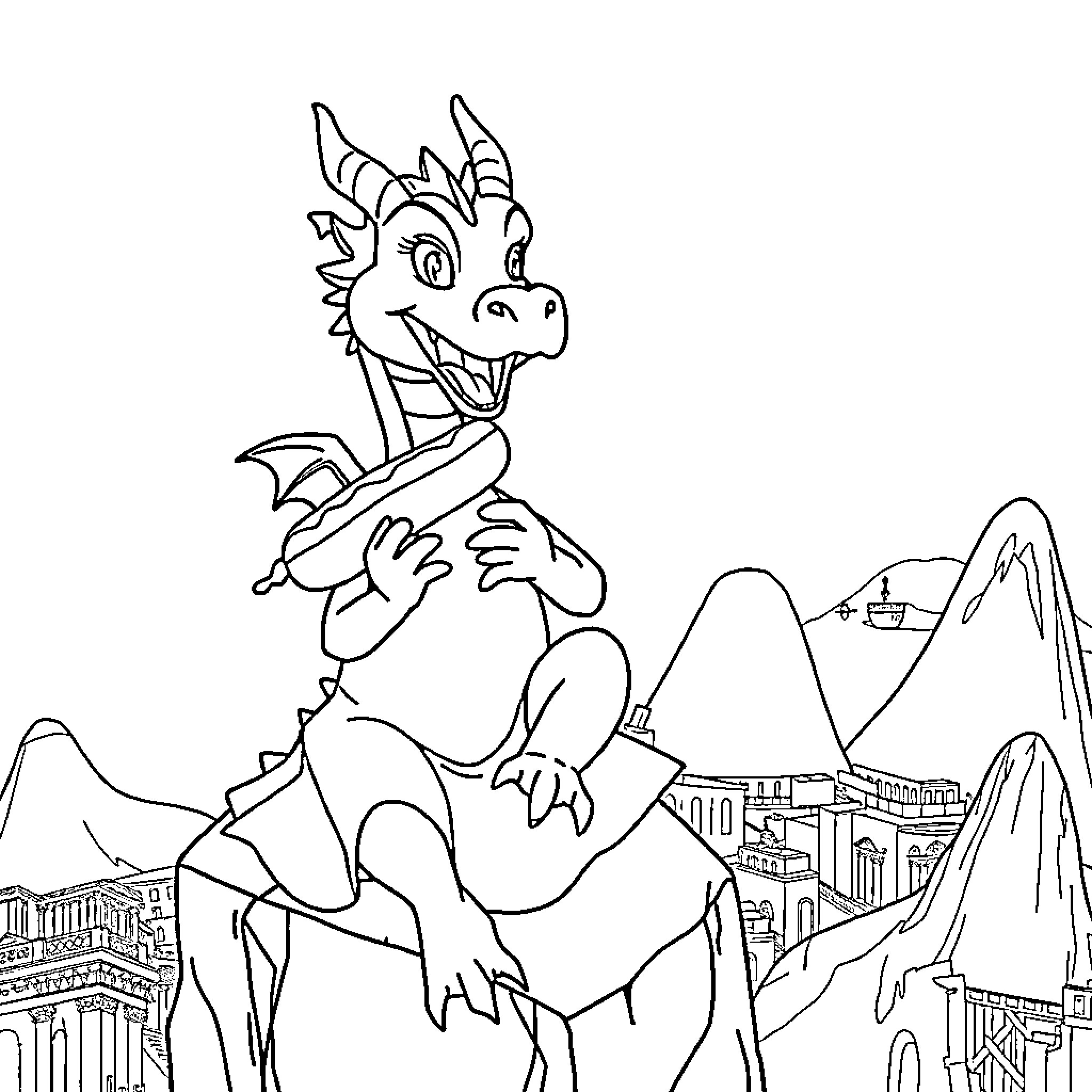 Dragon soaring high above a fantasy landscape Coloring Page (free black-and-white line drawing printable PDF for all, from beginners to advanced learners, including children, teens, adults, and seniors)