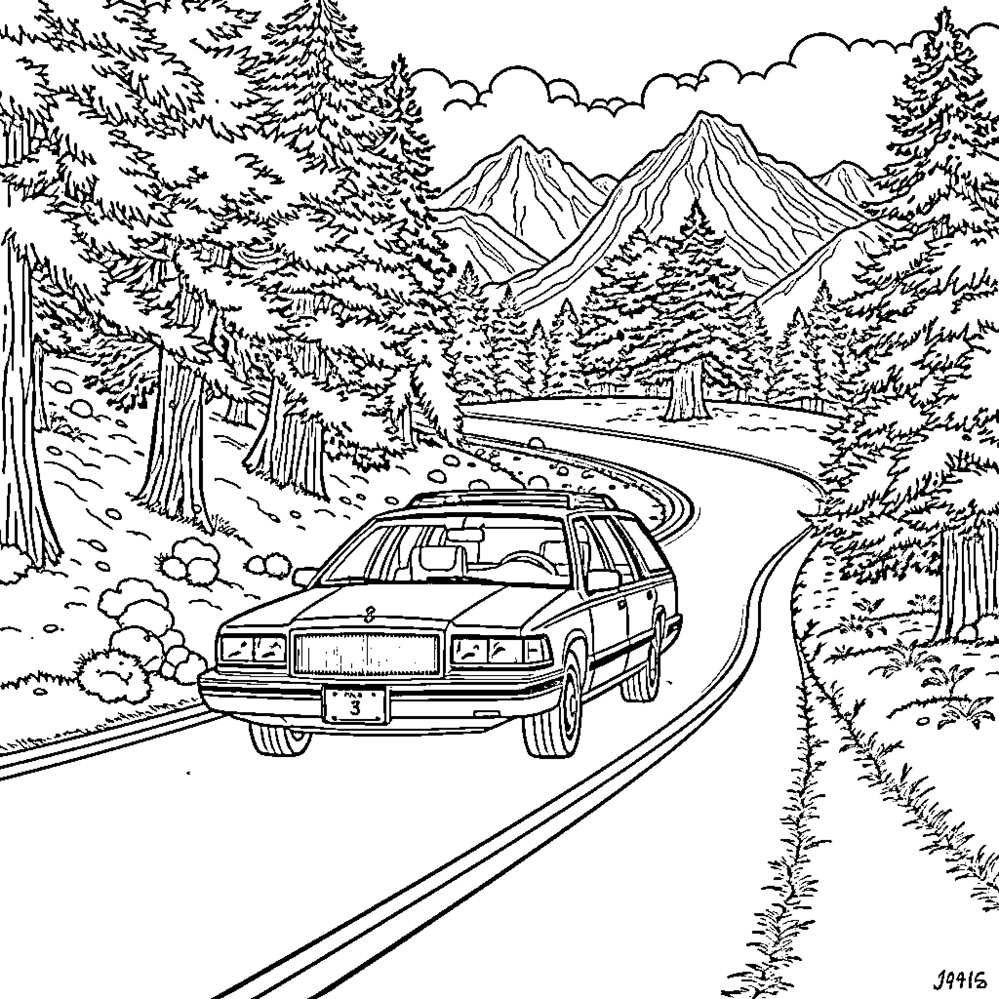 Caprice of a road trip through the mountains Coloring Page (free black-and-white line drawing printable PDF for all, from beginners to advanced learners, including children, teens, adults, and seniors)