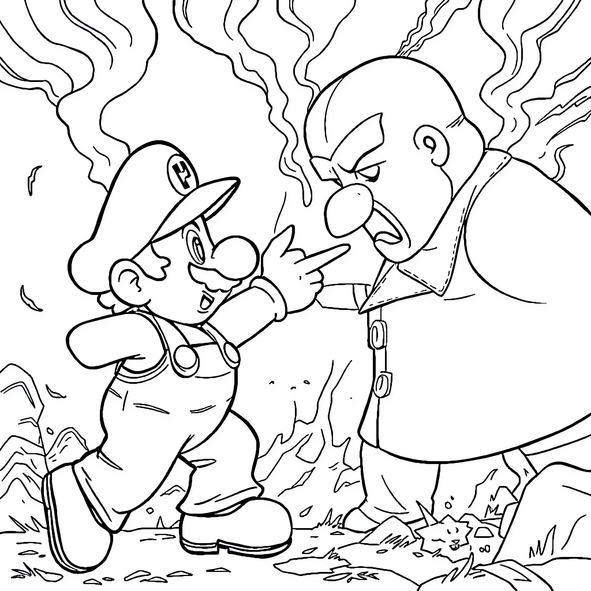 Mario's Confrontation with a Fierce Opponent Coloring Page (free black-and-white line drawing printable PDF for all, from beginners to advanced learners, including children, teens, adults, and seniors)