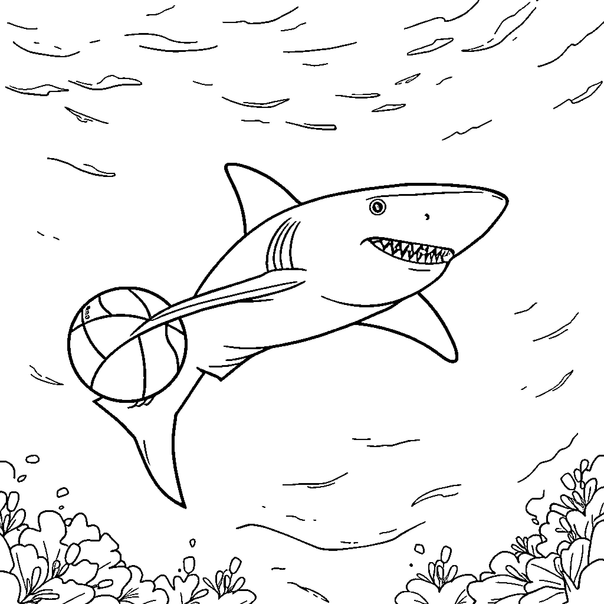 Hammerhead Shark playing with a beach ball underwater Coloring Page (free black-and-white line drawing printable PDF for all, from beginners to advanced learners, including children, teens, adults, and seniors)