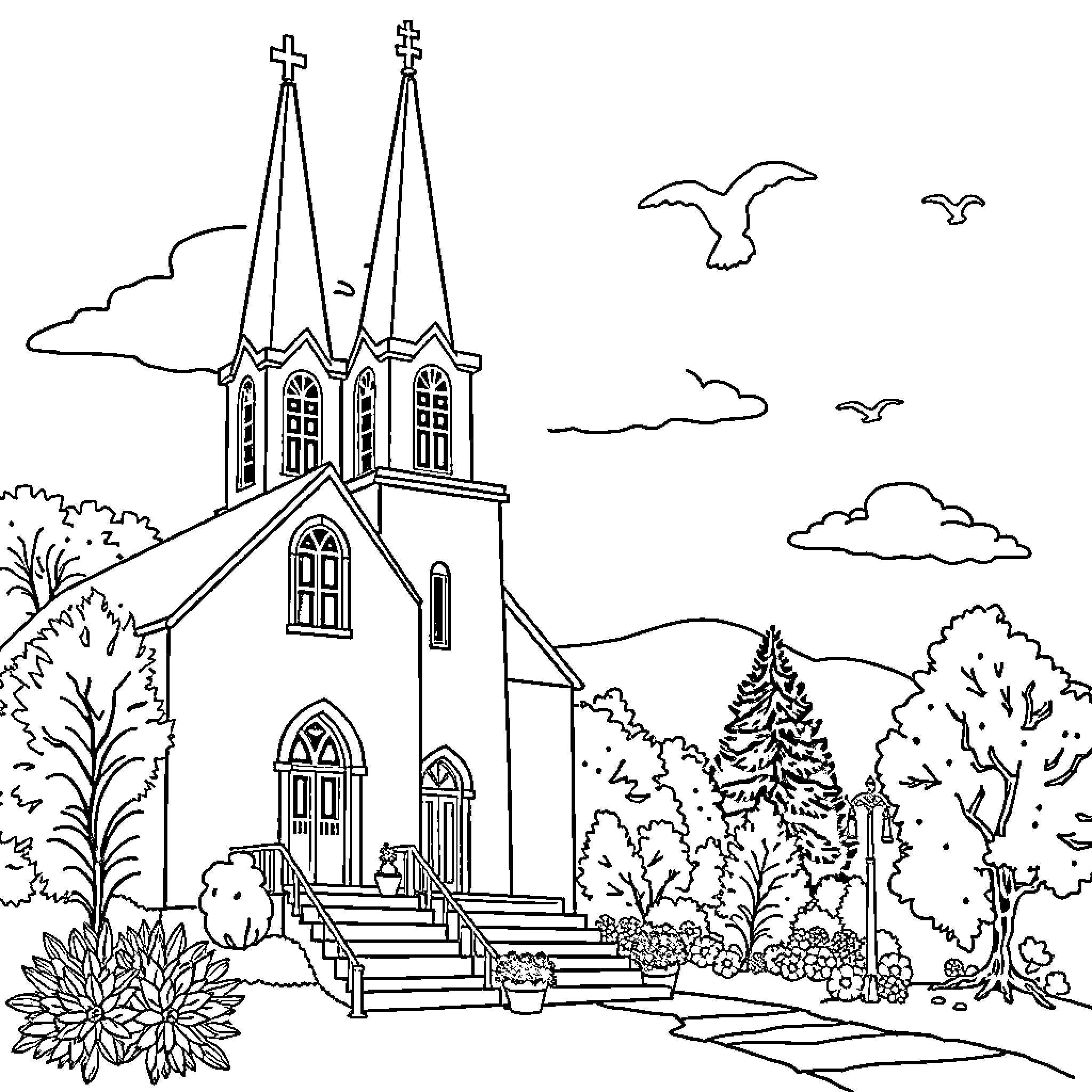 Symbol of faith - Peaceful church in a serene landscape Coloring Page (free black-and-white line drawing printable PDF for all, from beginners to advanced learners, including children, teens, adults, and seniors)