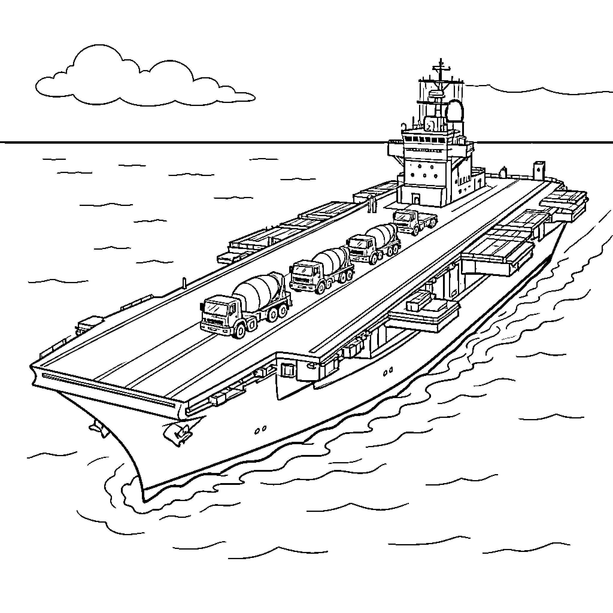 Aircraft Carrier Transporting Military Vehicles on the Sea Coloring Page (free black-and-white line drawing printable PDF for all, from beginners to advanced learners, including children, teens, adults, and seniors)