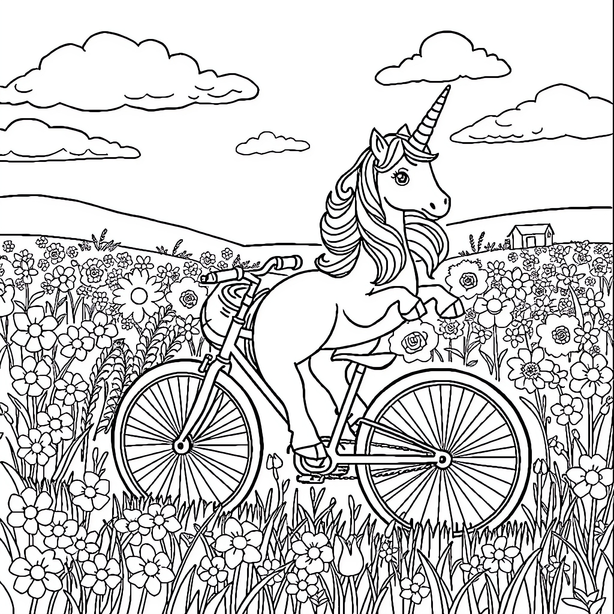 Unicorn riding a bicycle through a floral field Coloring Page (free black-and-white line drawing printable PDF for all, from beginners to advanced learners, including children, teens, adults, and seniors)