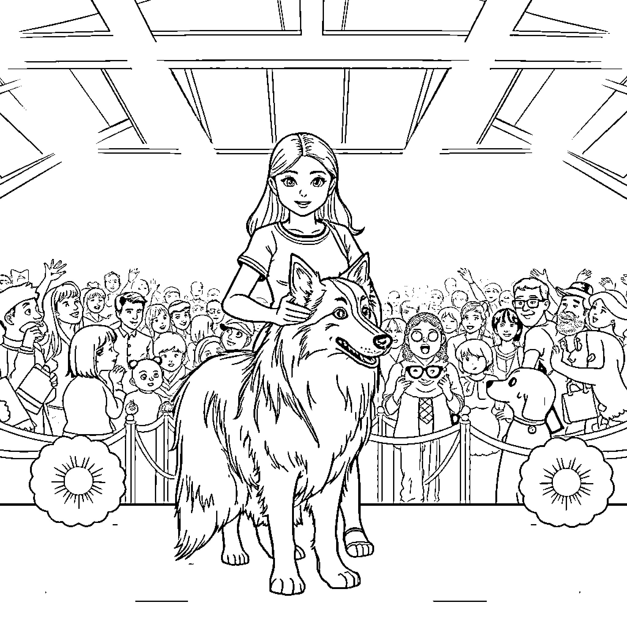 Girl Riding on a Wolf in Front of a Crowd Coloring Page (free black-and-white line drawing printable PDF for all, from beginners to advanced learners, including children, teens, adults, and seniors)